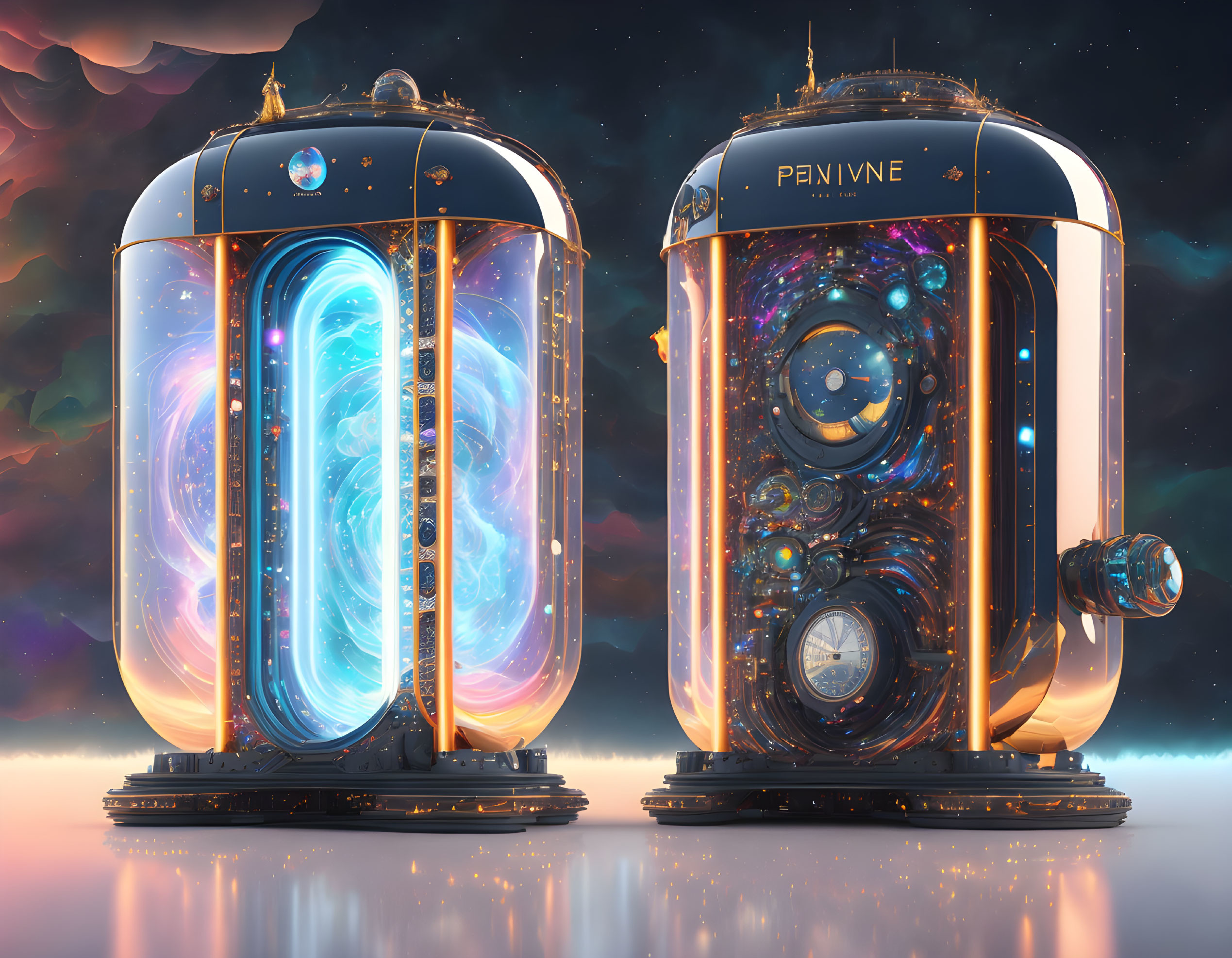 Futuristic pods with cosmic energy and mechanical elements in twilight sky