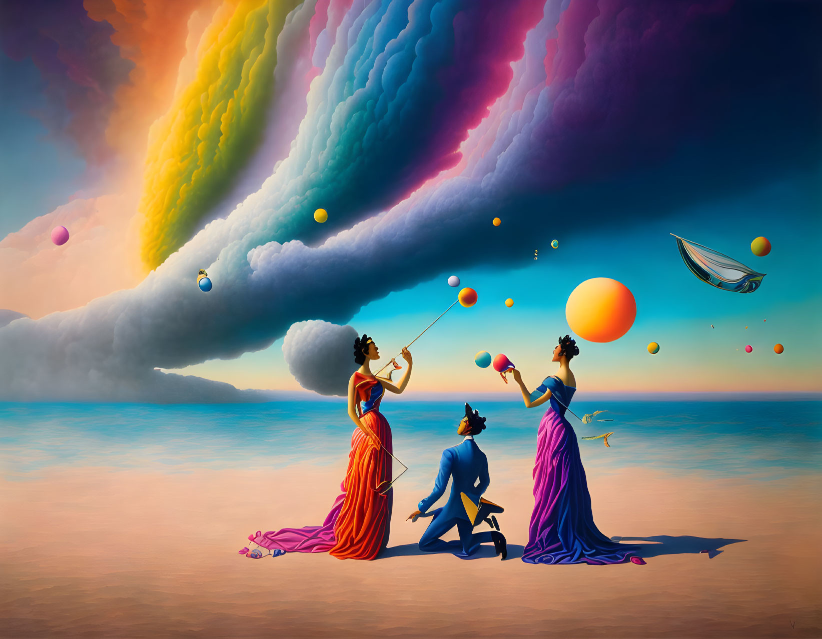 Three individuals juggling spheres under surreal sky with rainbow clouds