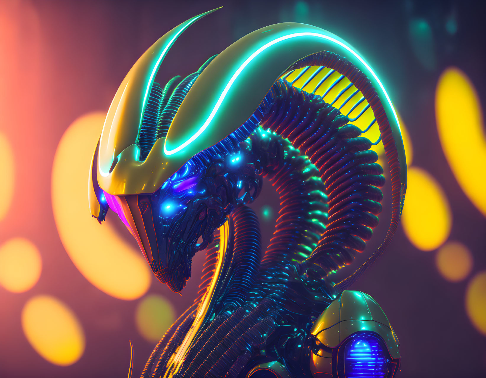 Futuristic metallic creature with glowing blue eyes on vibrant bokeh-light background