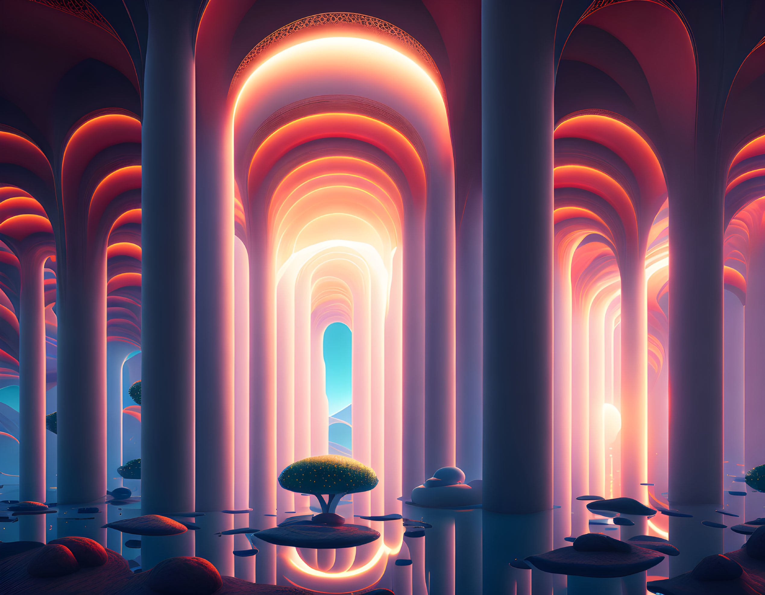 Surreal futuristic interior with tall arched columns and floating orbs