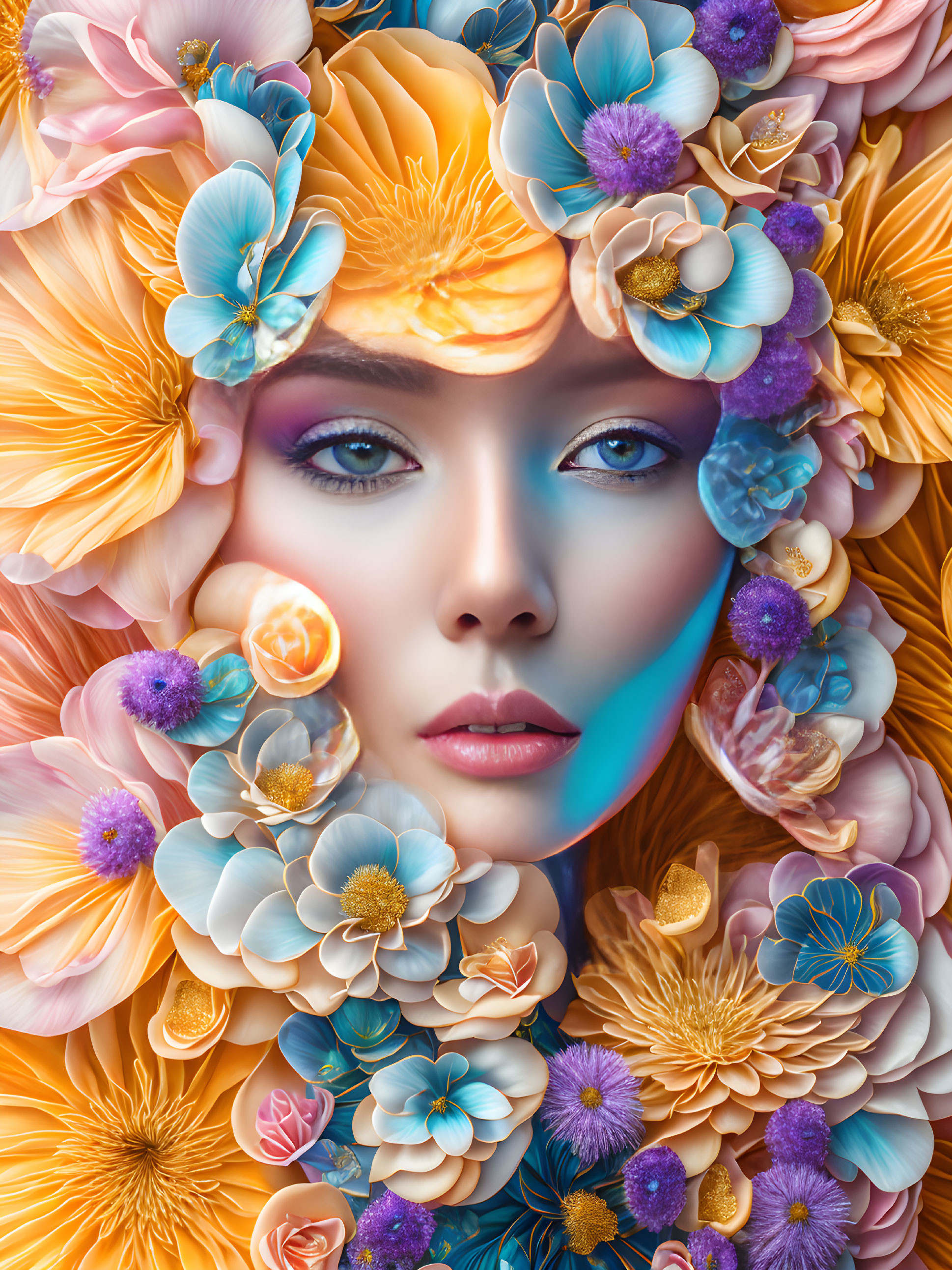 Colorful floral backdrop enhances portrait of woman with vibrant makeup