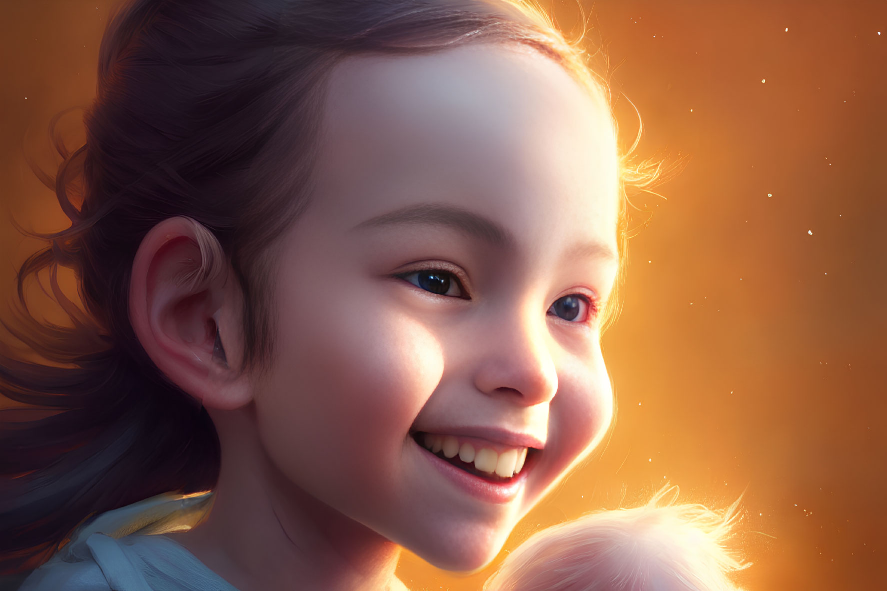 Smiling young girl with glowing cheeks and sparkling eyes in sunset backdrop