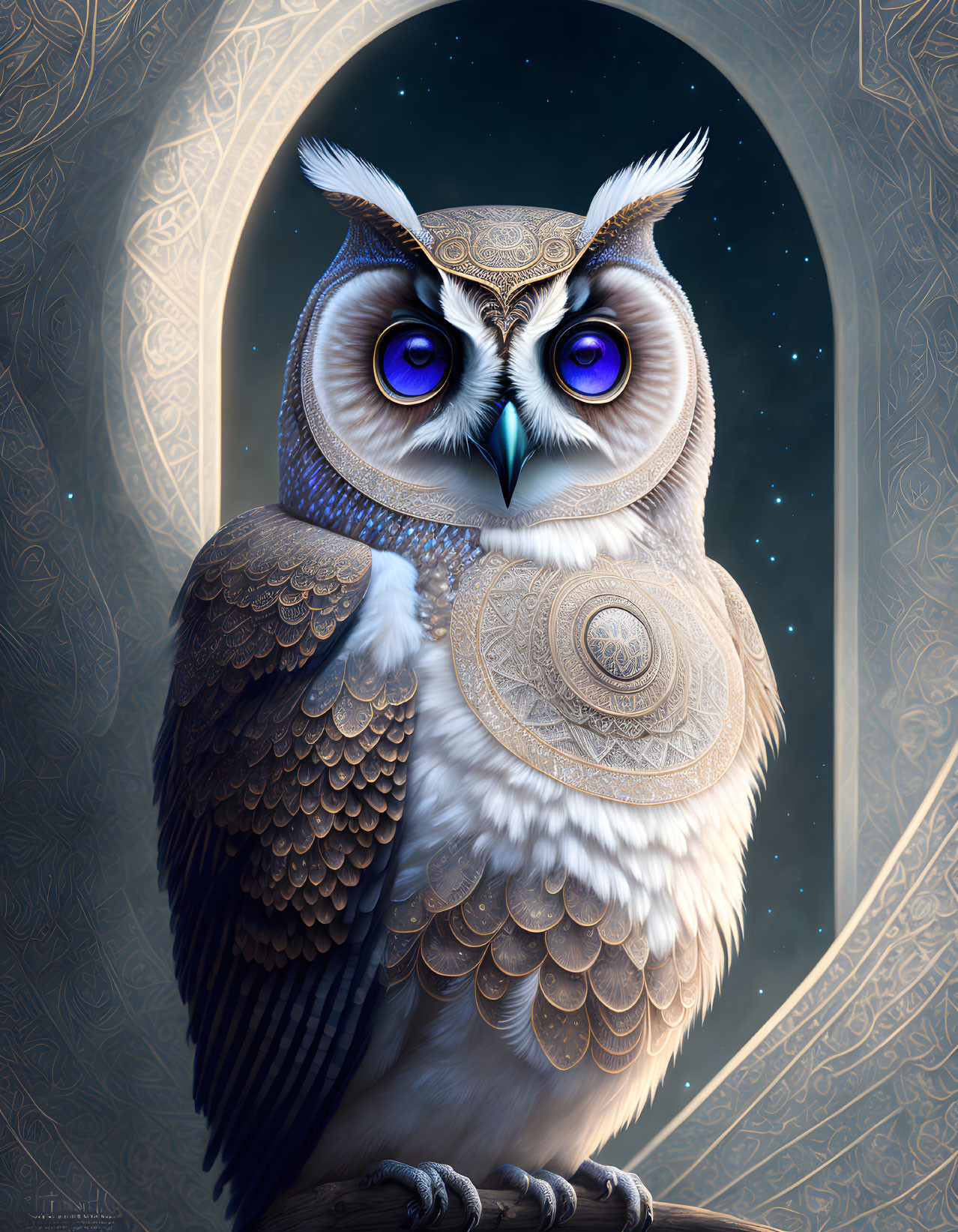 Intricately illustrated owl with blue eyes in ornate armor-like feathers