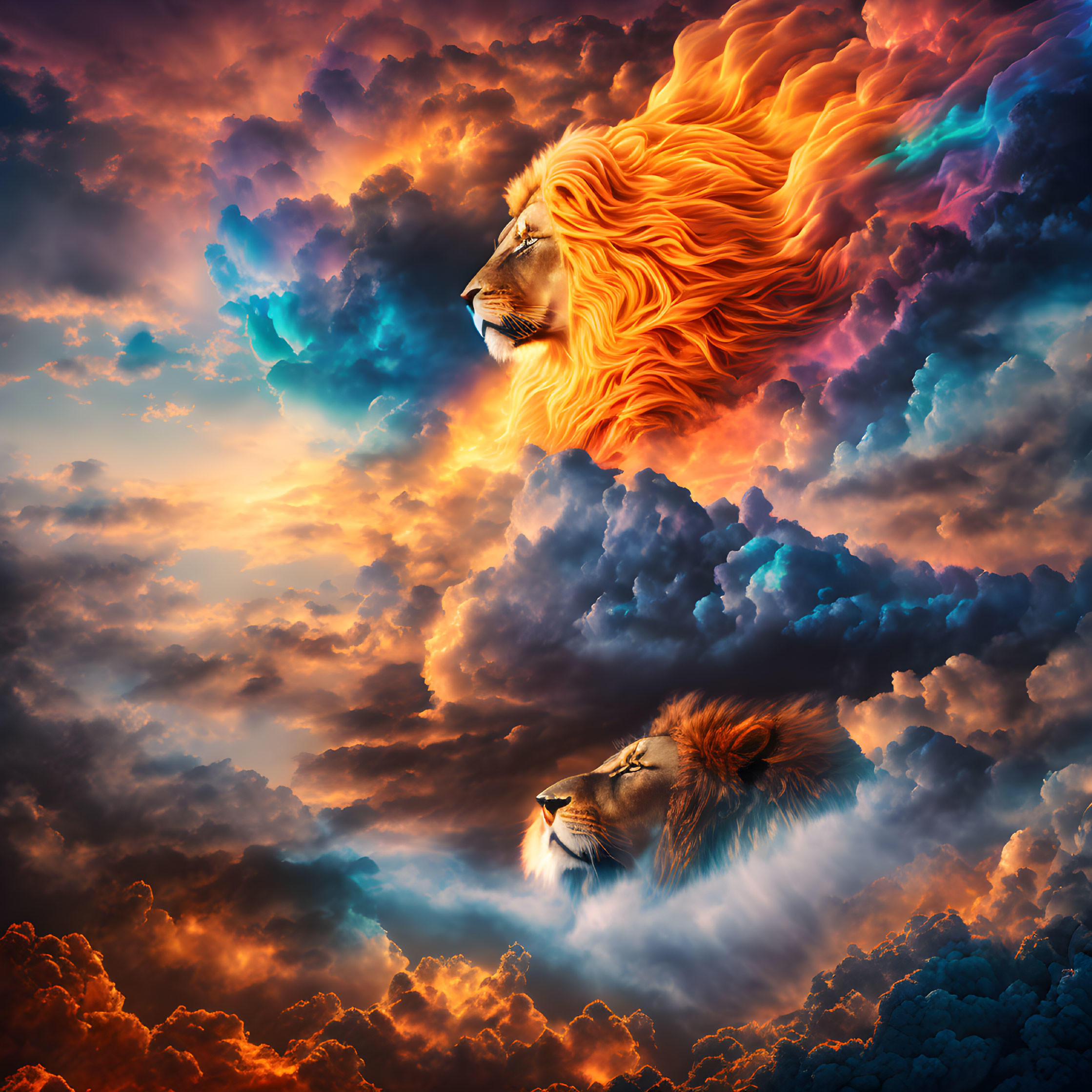 Dual Lion Cloud Artwork: Fiery Orange and Cool Blue Heads in Dramatic Sky