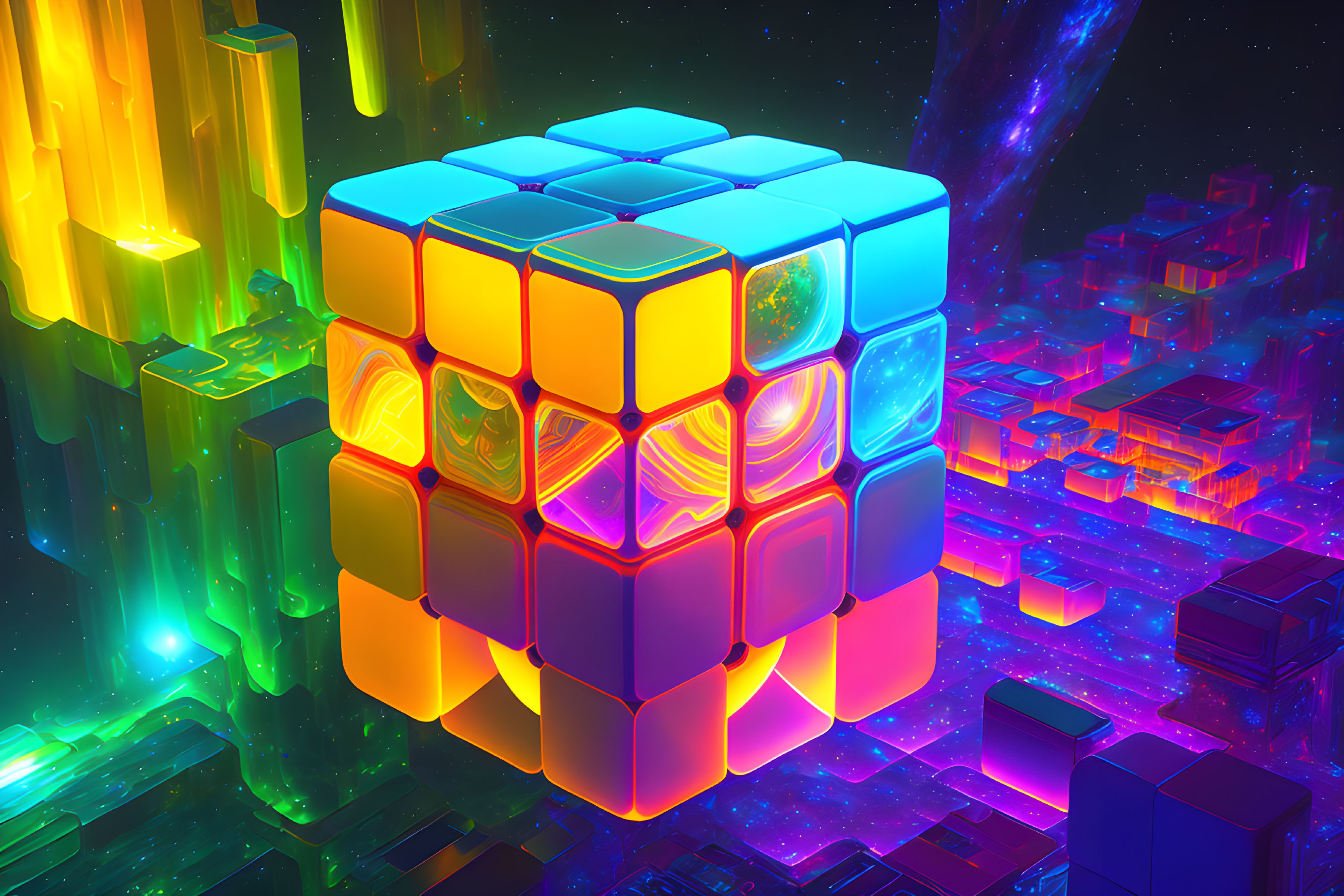 Colorful Rubik’s Cube with cosmic patterns in neon-lit digital space