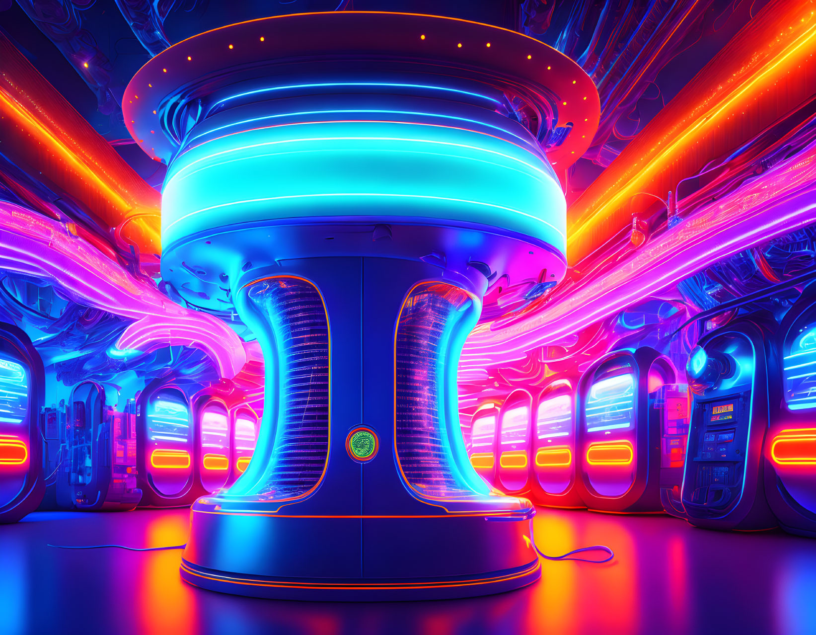 Futuristic interior with neon lights and blue-lit structure surrounded by orange corridors.