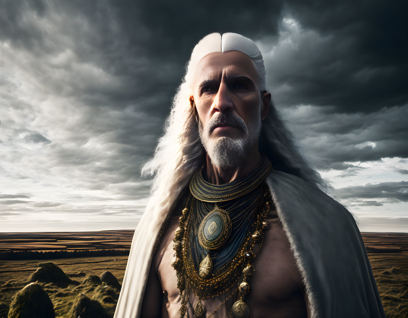 Elderly man with long white hair and beard in ornate gold jewelry against dramatic cloudy sky