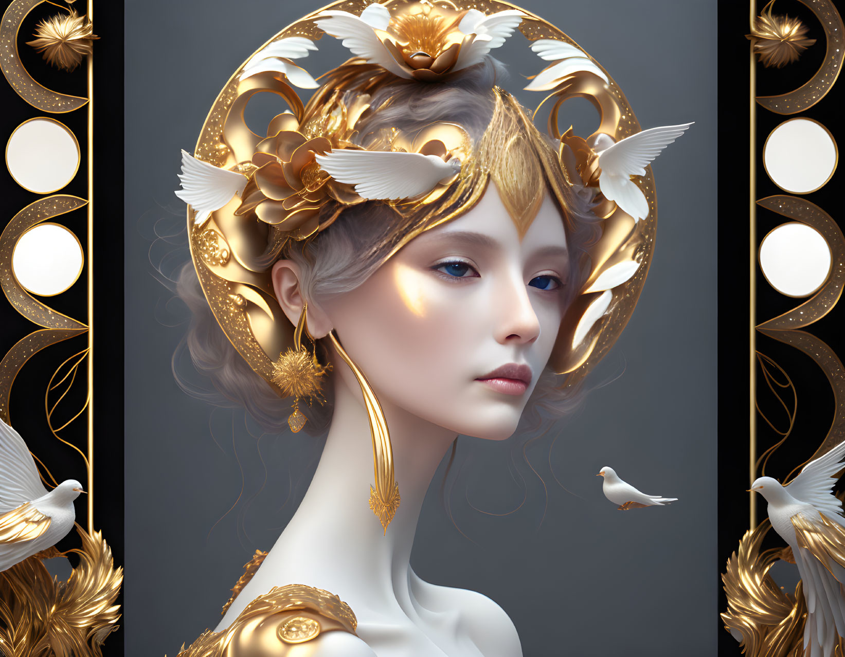 Ethereal artwork of woman with golden ornate headgear, doves, circles; pale skin