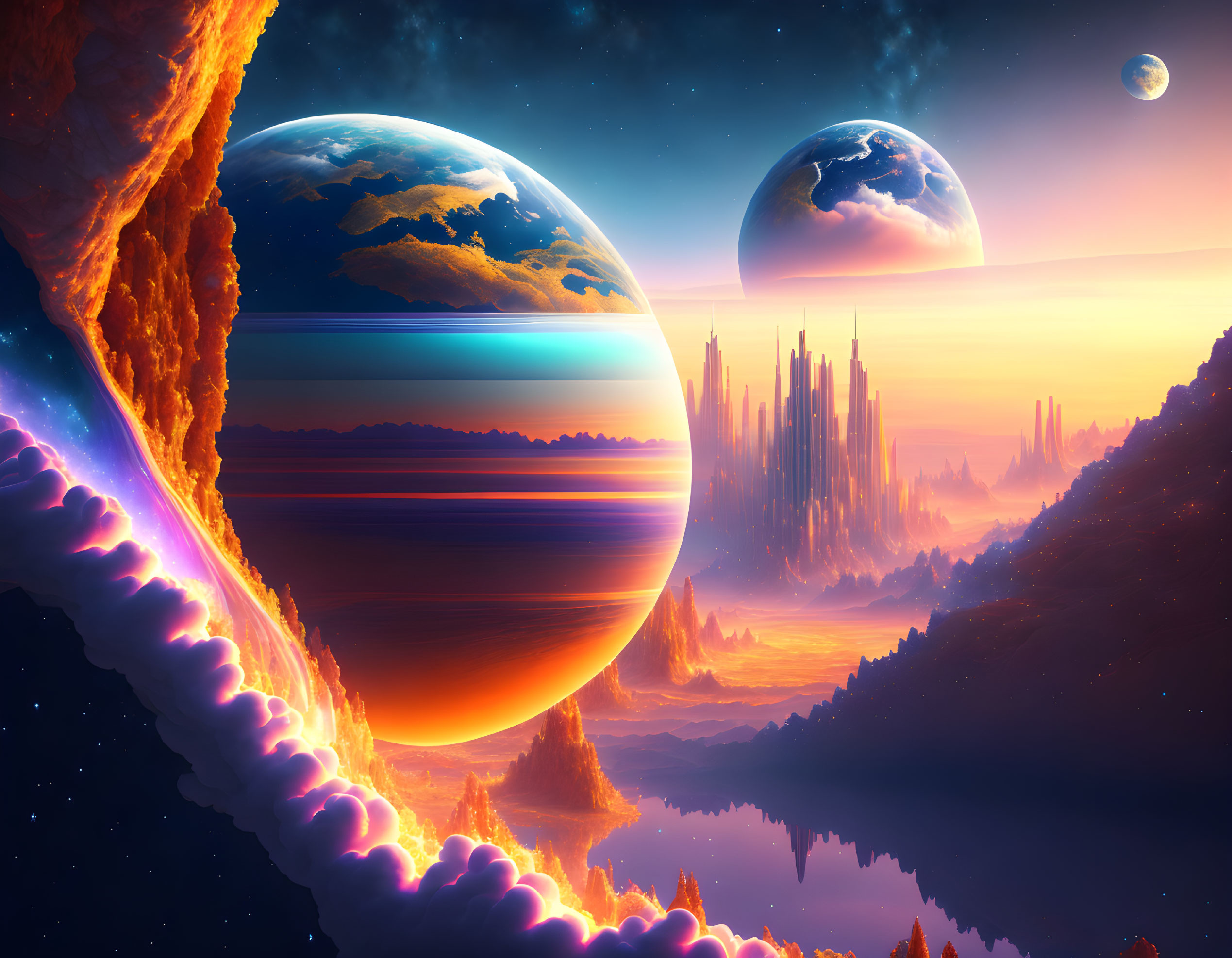 Futuristic sci-fi landscape with celestial bodies and luminous pathway