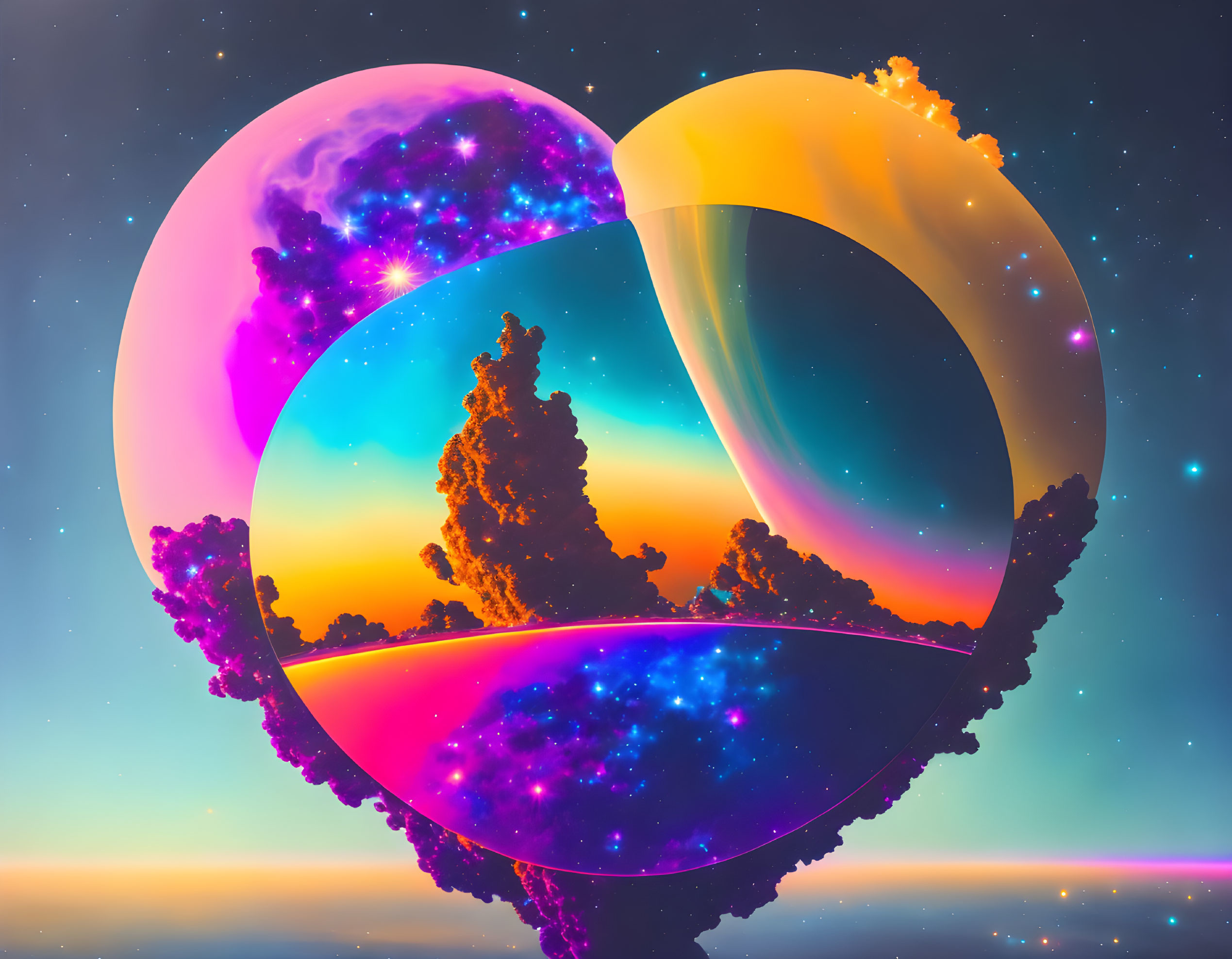 Colorful Heart-Shaped Portal with Cosmic Background and Silhouetted Trees