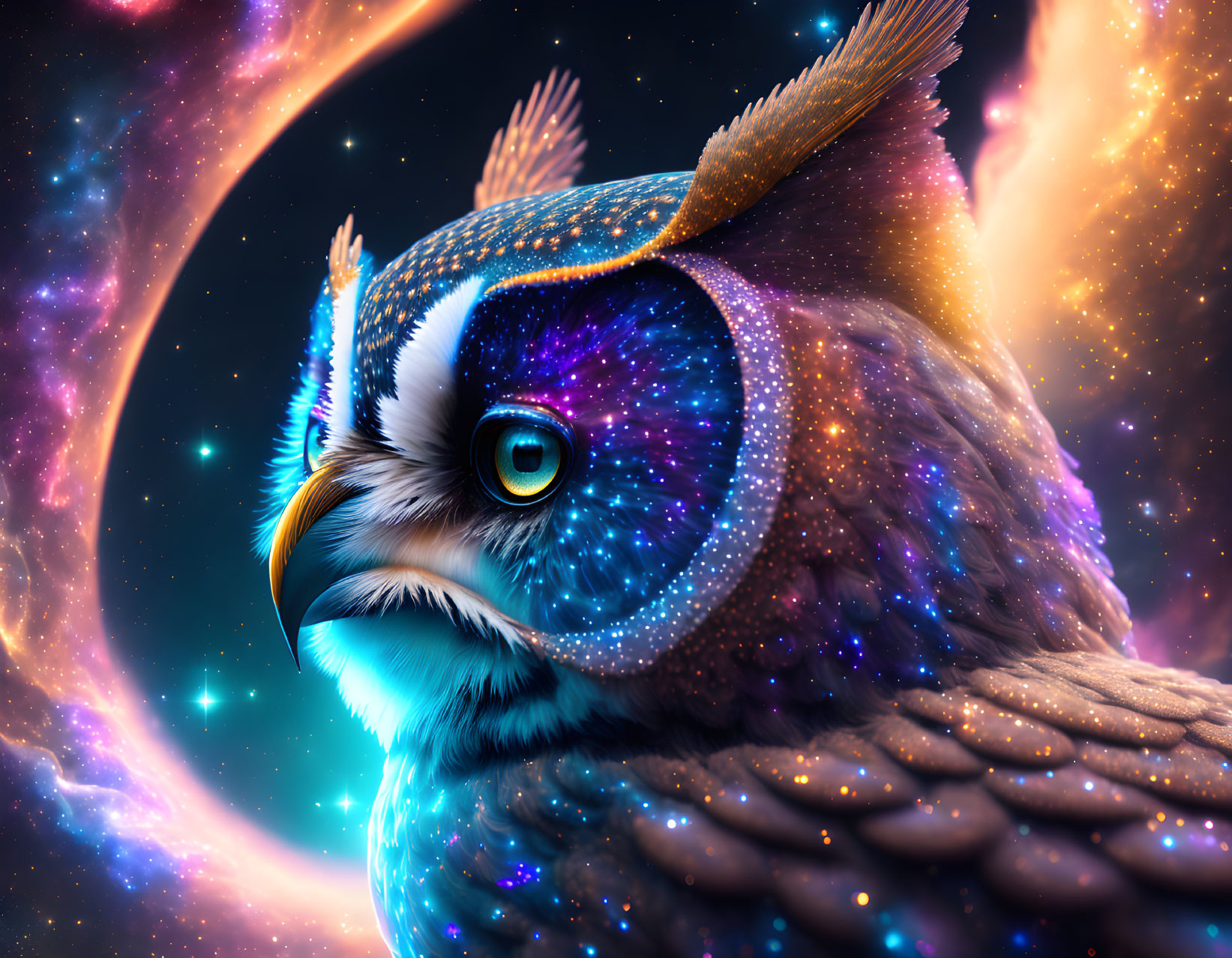 Colorful Owl Artwork with Cosmic and Galactic Theme