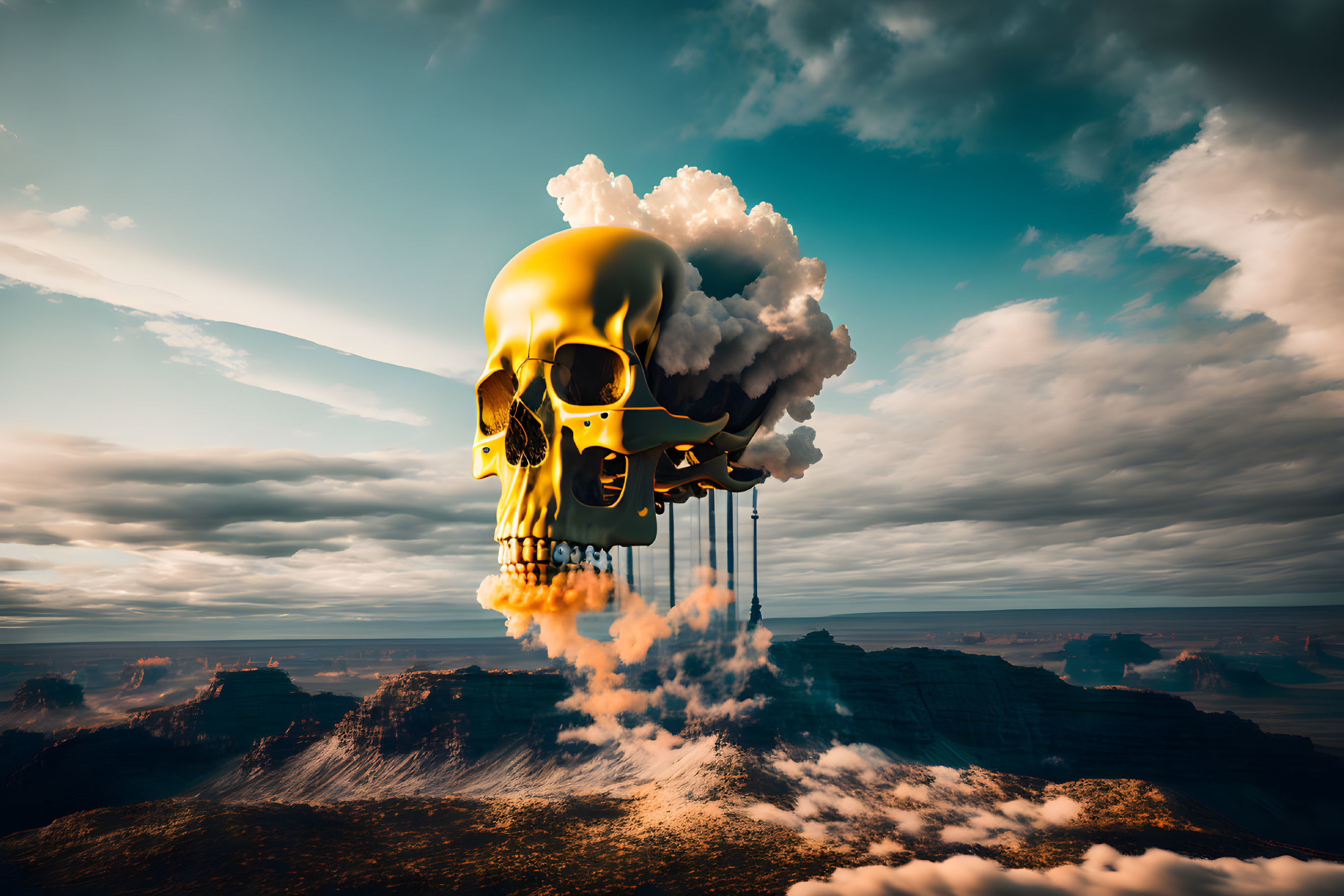 Golden skull with cloud hair over rugged landscape under dramatic sky