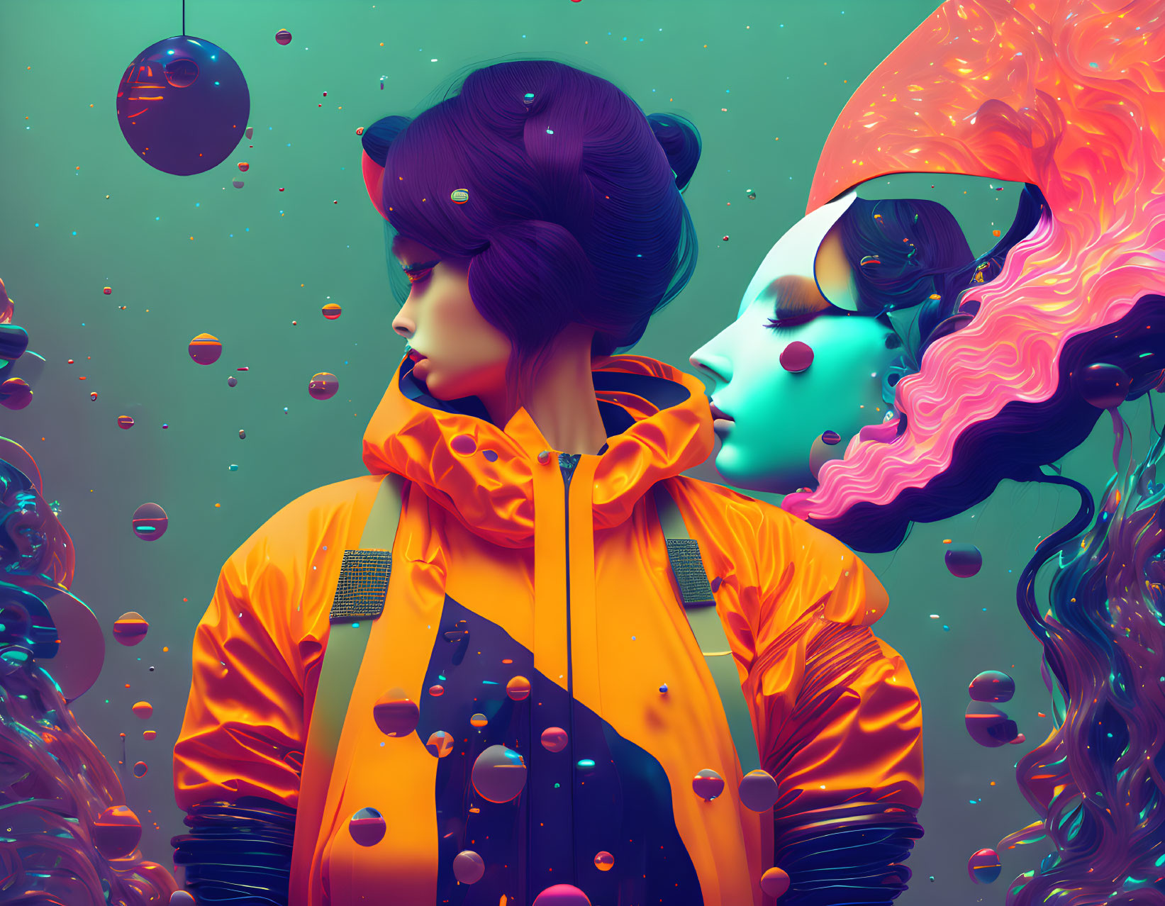 Person in Yellow Jacket with Colorful Digital Face and Floating Spheres