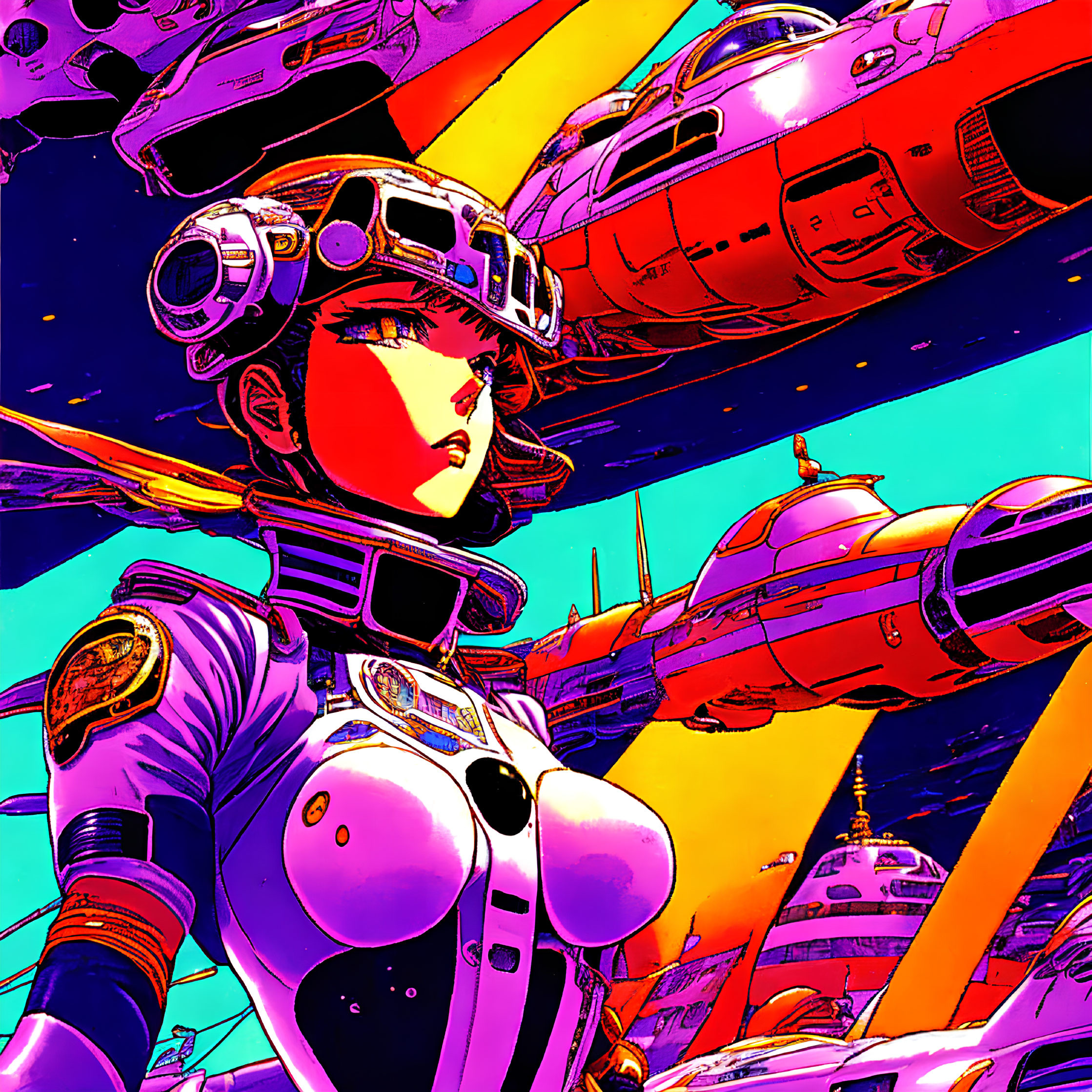 Futuristic female pilot with helmet in sci-fi setting