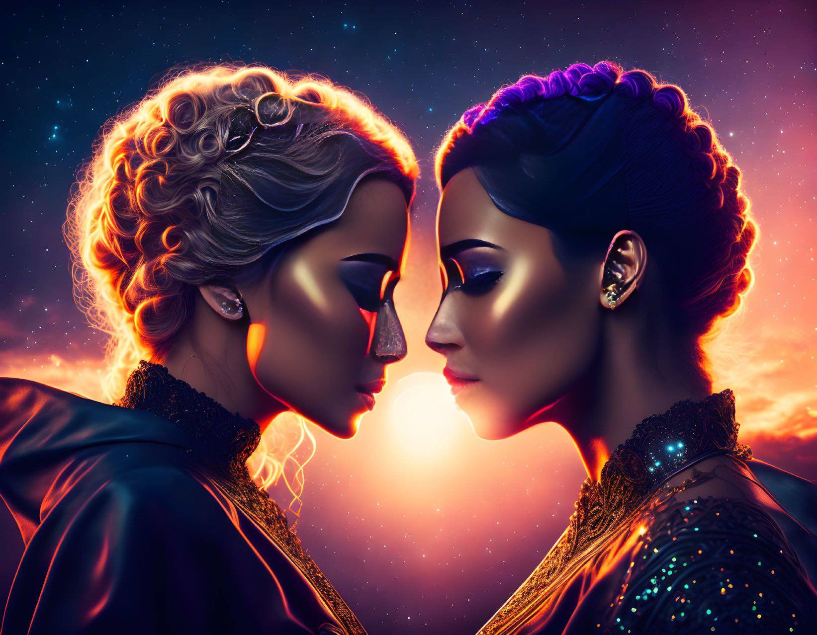 Stylized women with glowing outlines in cosmic setting