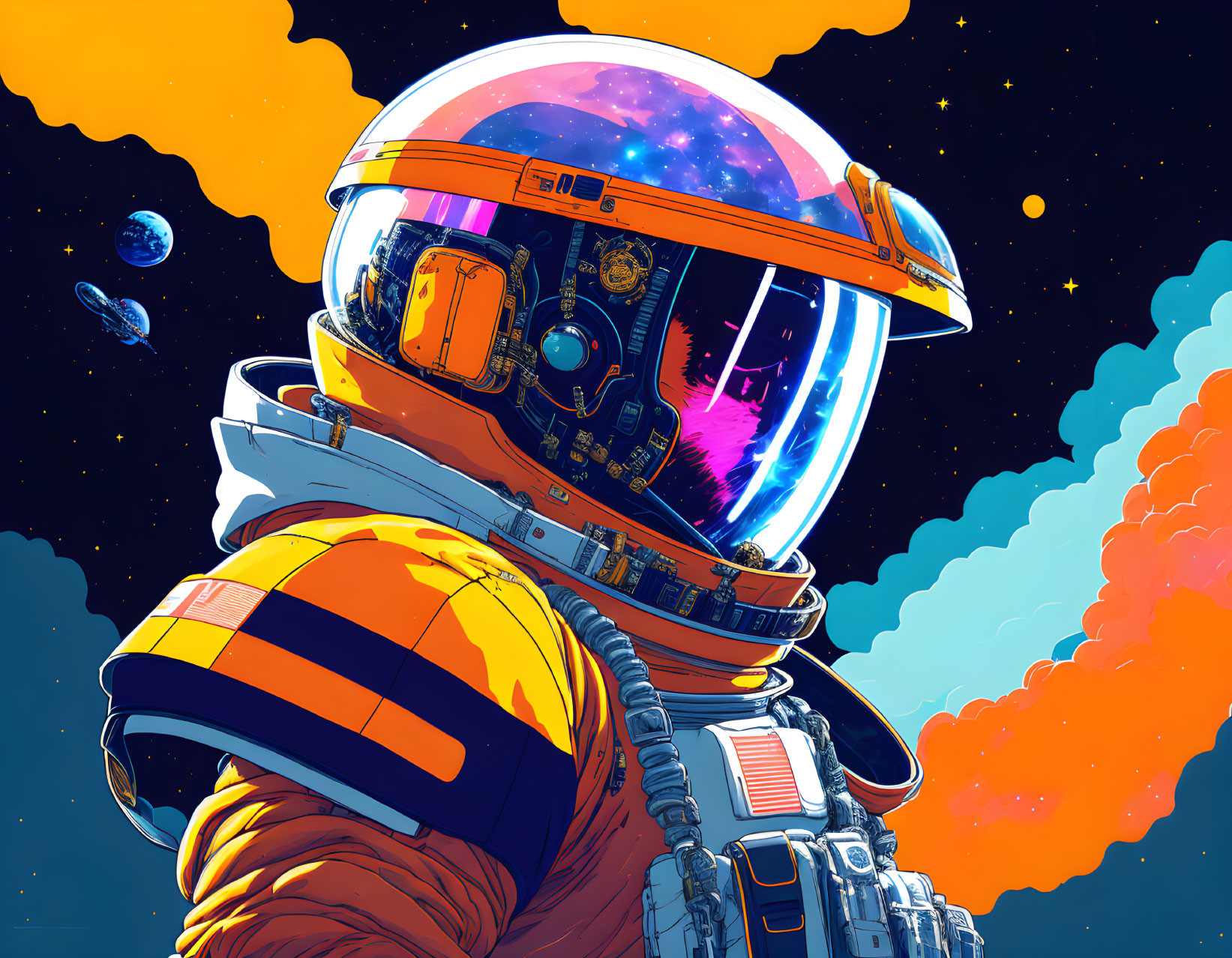 Vibrant astronaut illustration with reflective helmet visor in cosmic scene