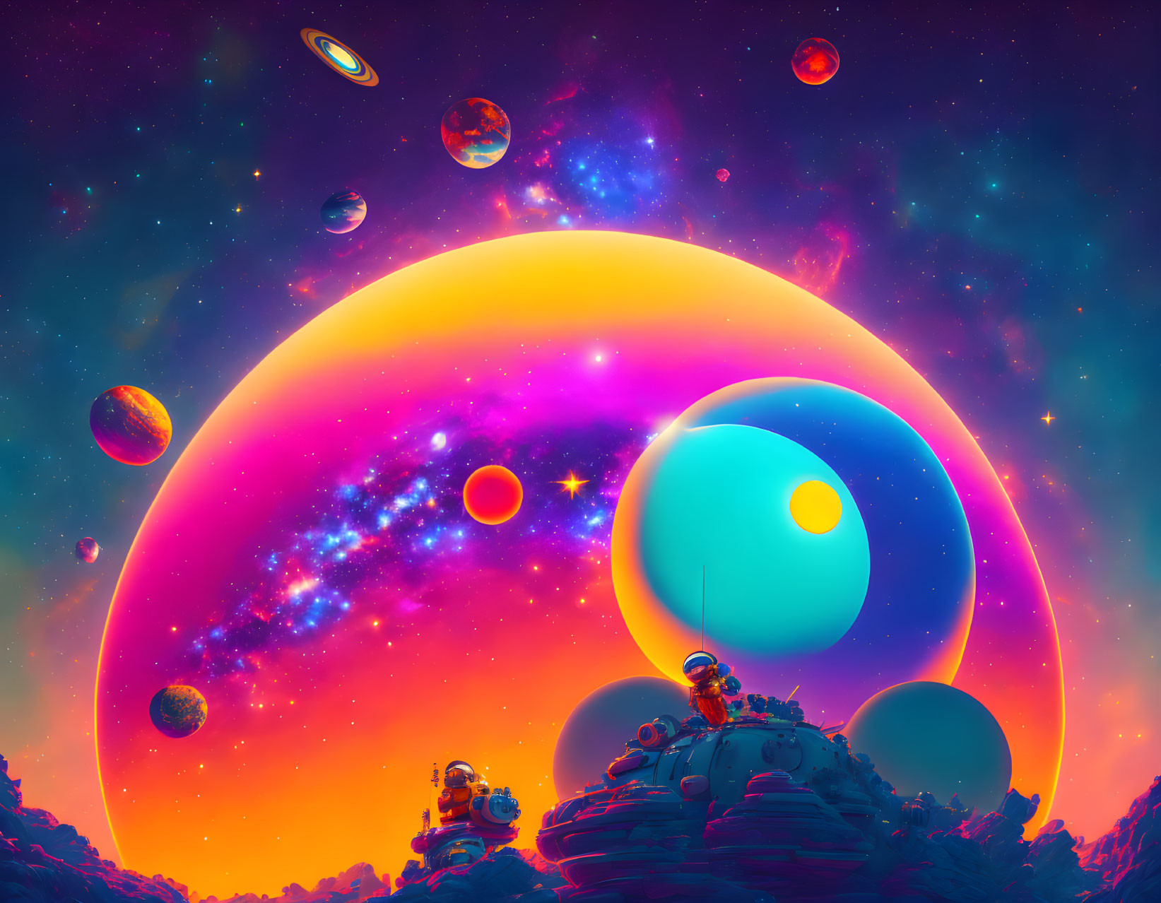 Colorful cosmic landscape with glowing planet and structures