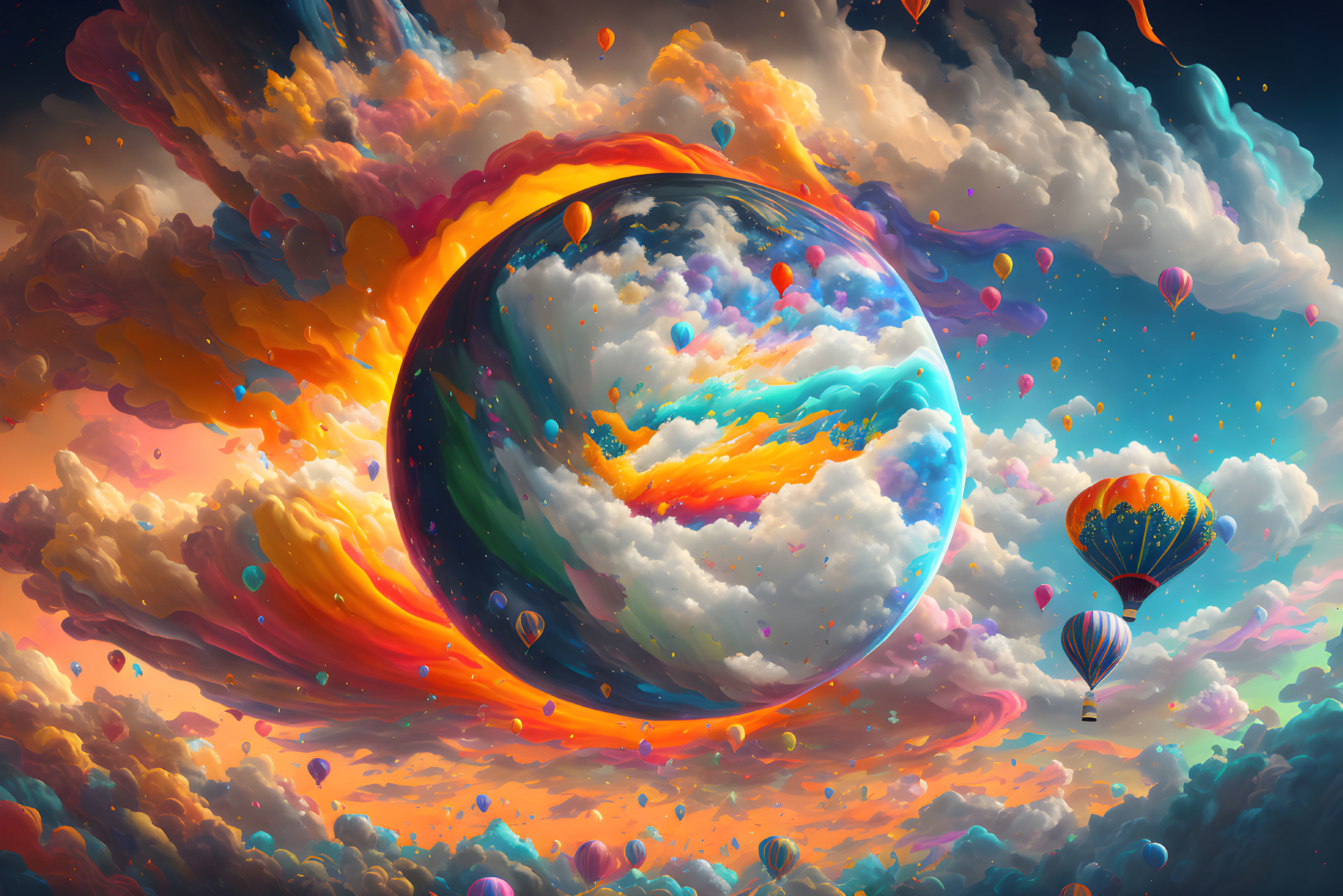 Colorful surreal sky with bubble-like sphere and hot air balloons