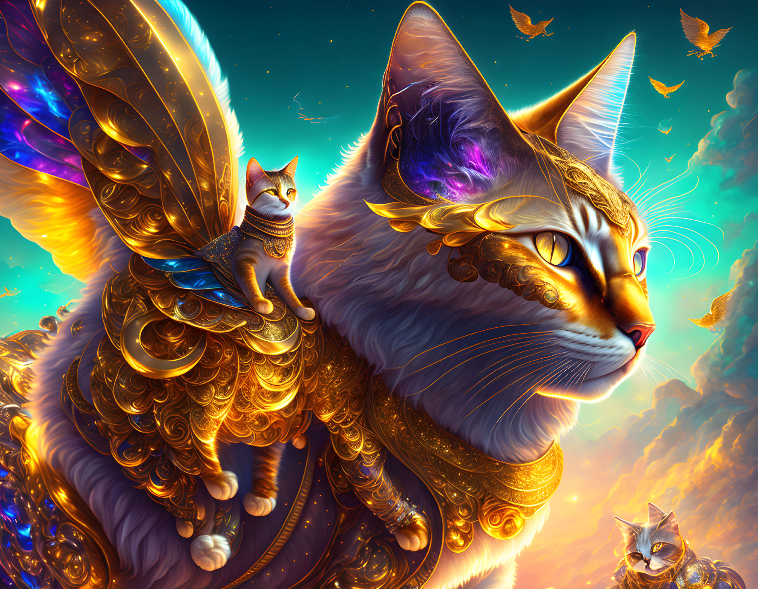 Majestic golden cat with intricate markings in celestial scene