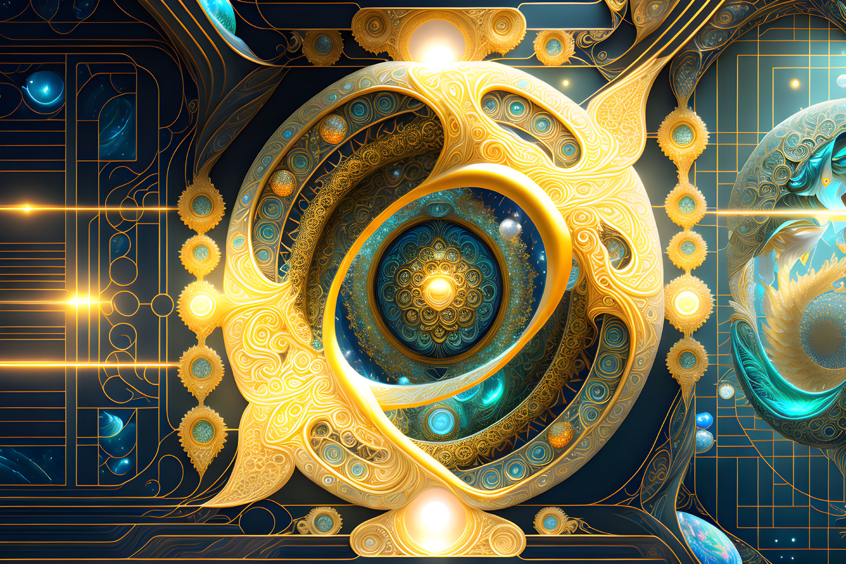 Colorful digital fractal art with gold and blue swirls and glowing orbs