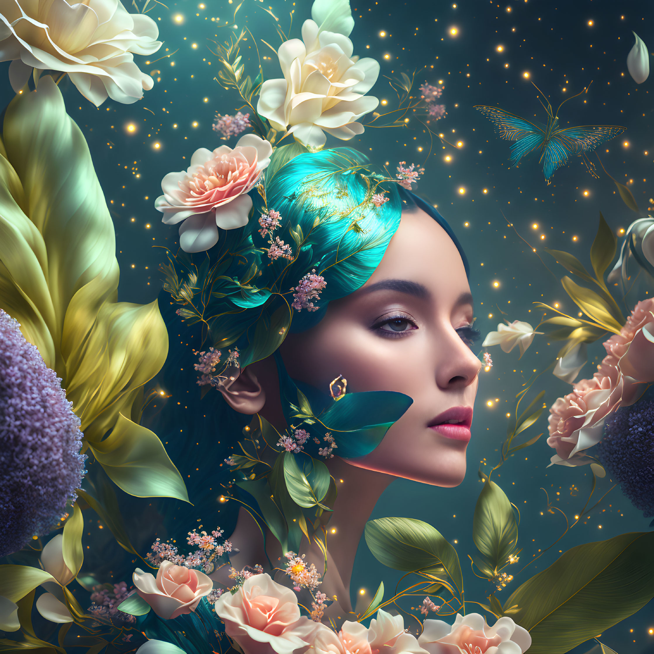 Surreal portrait of woman with flowers, butterflies, and cosmic background