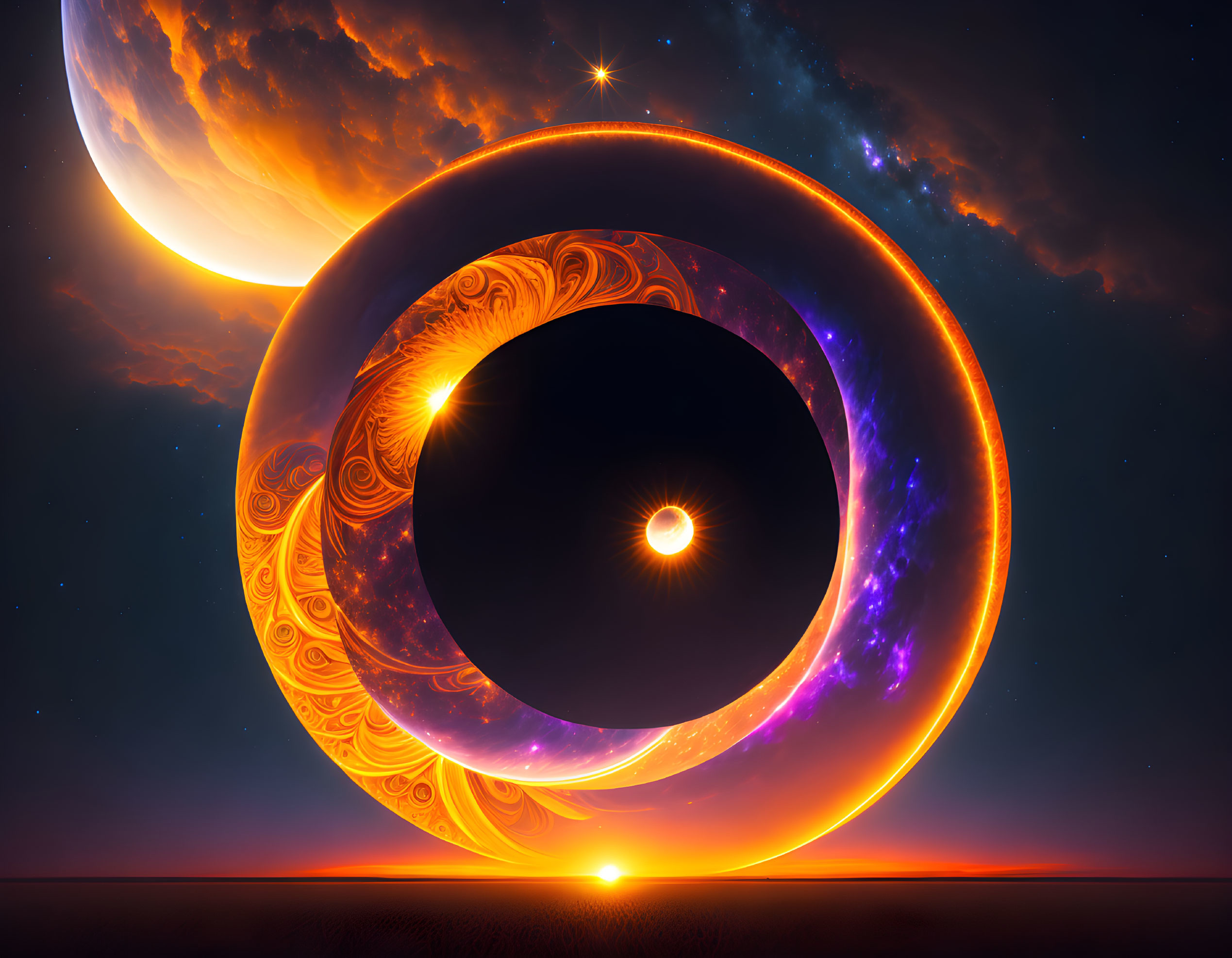 Digital artwork of eclipse with fiery ring in starry sky.