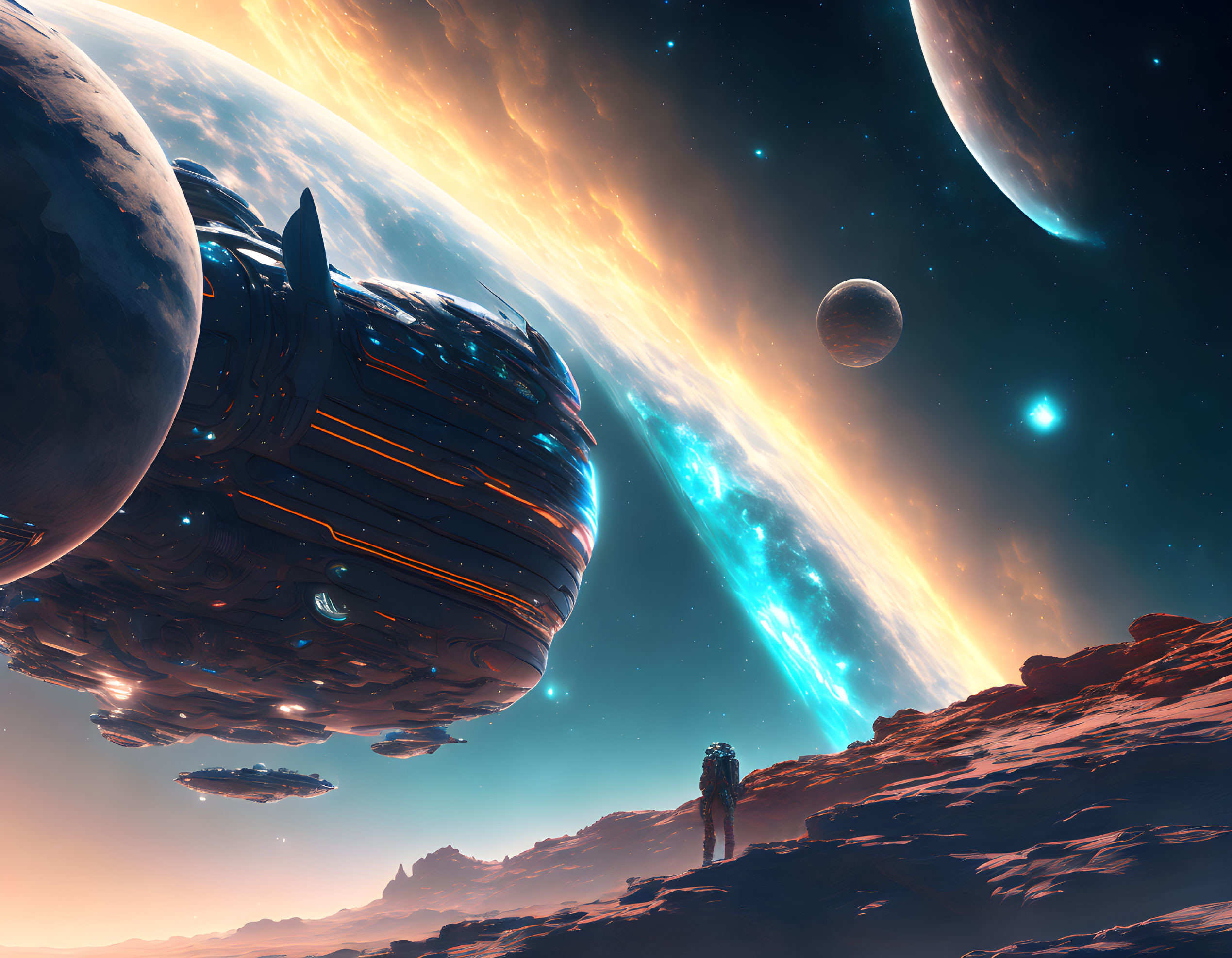 Futuristic spaceship over rocky alien landscape with celestial bodies and colorful nebulae