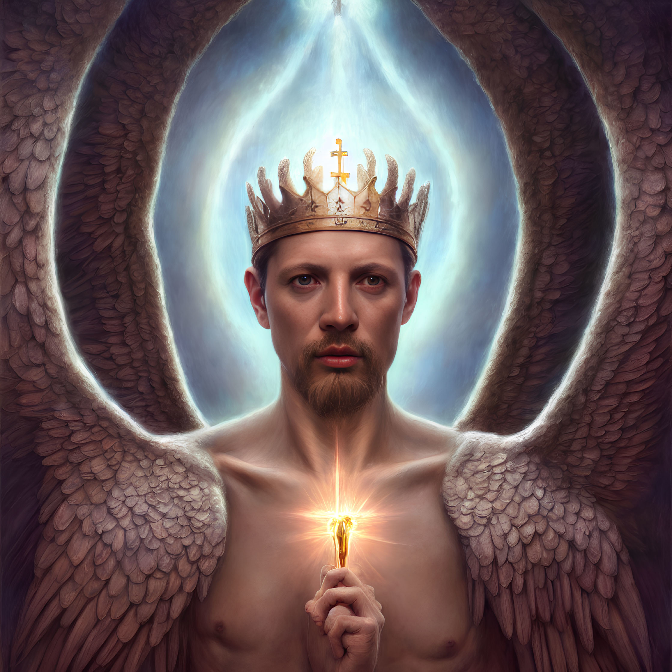 Crowned figure with angelic wings holding glowing sword