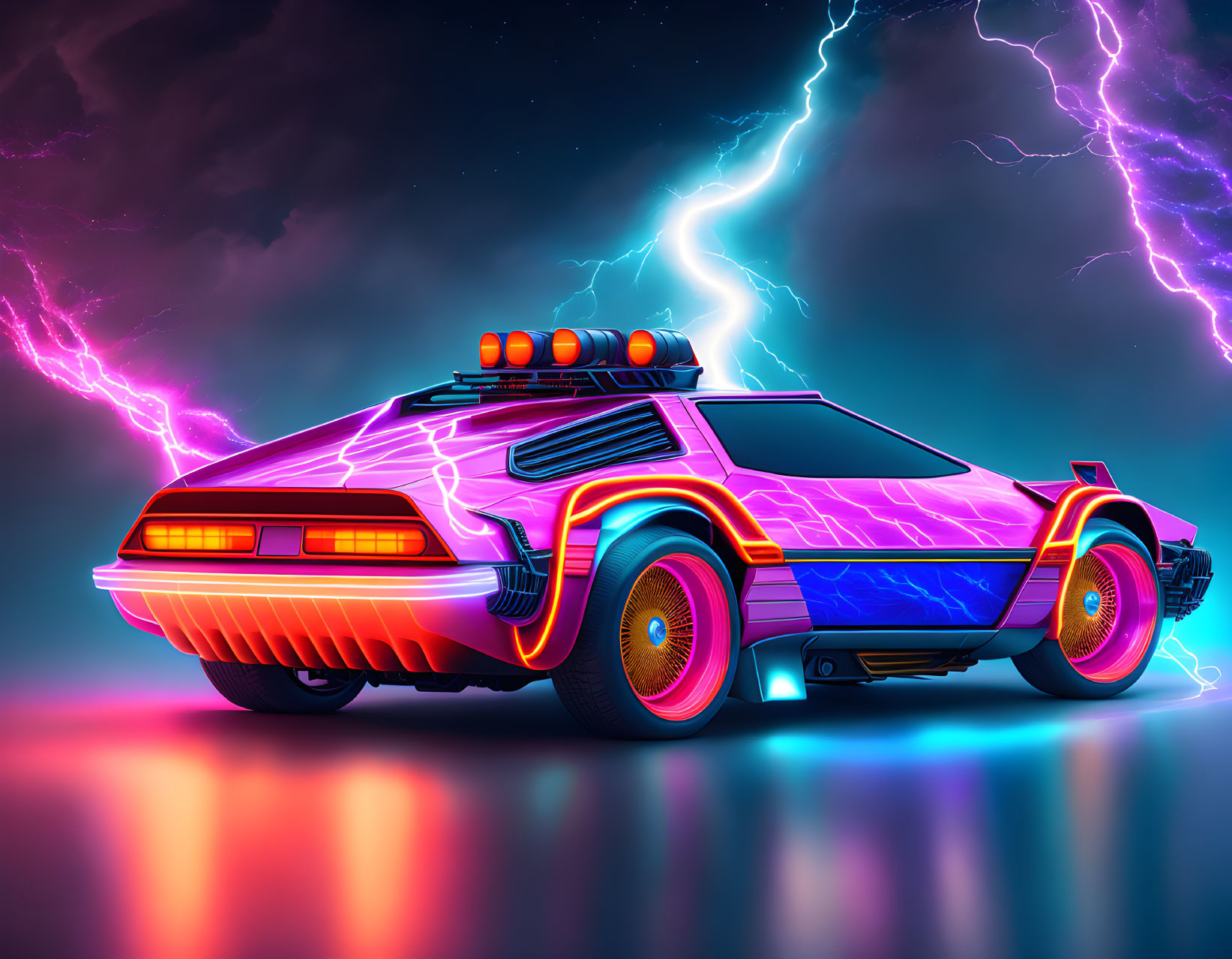 Futuristic Car with Neon Lights on Vibrant Background