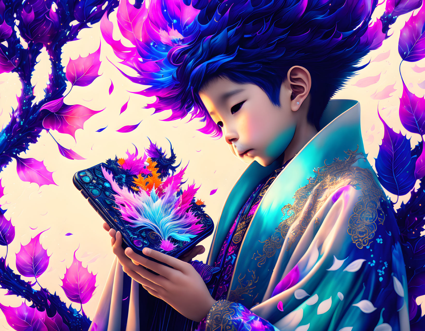 Illustration of child in traditional attire with glowing tablet and magical flora
