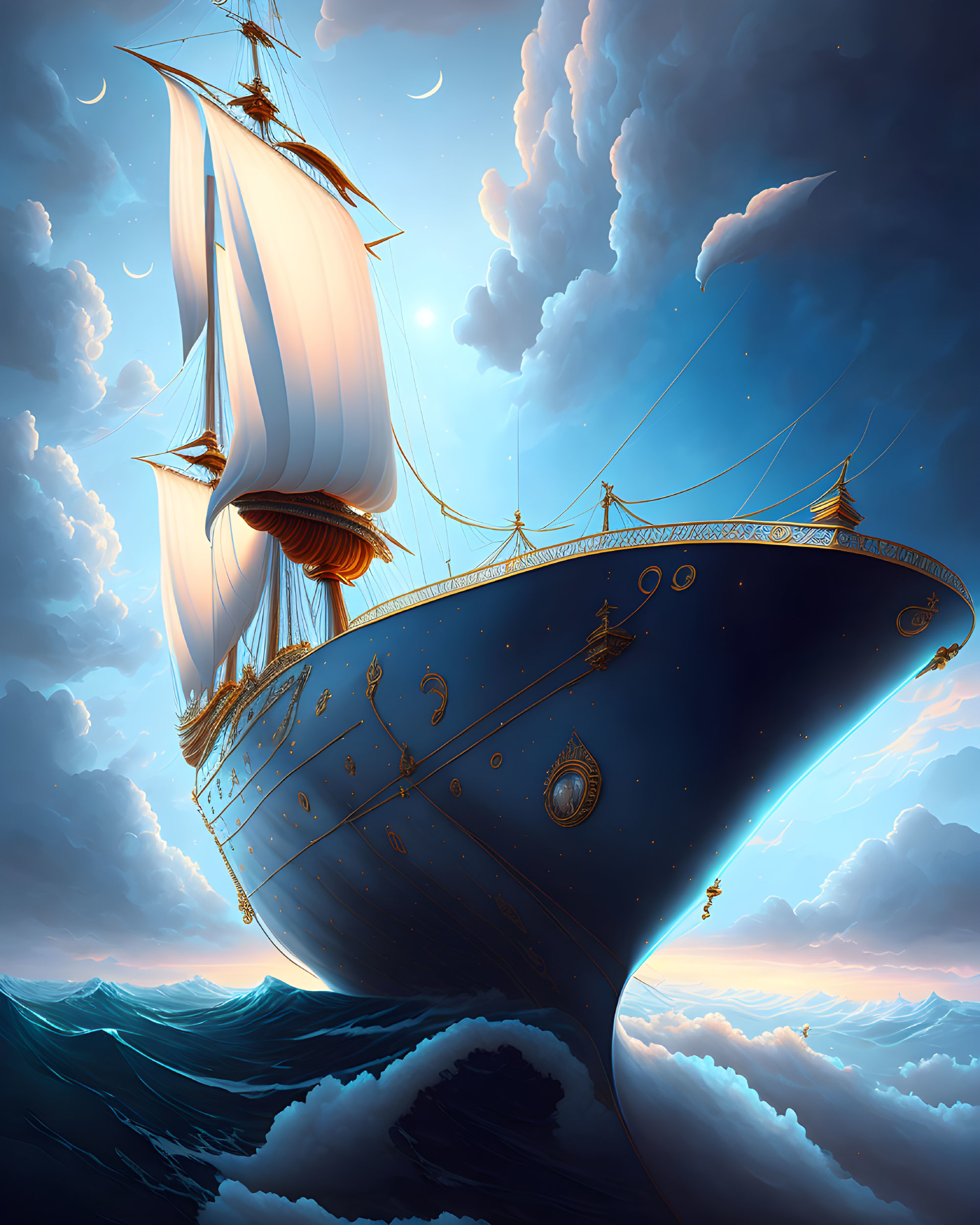 Golden-ornamented ship flying above clouds at dusk