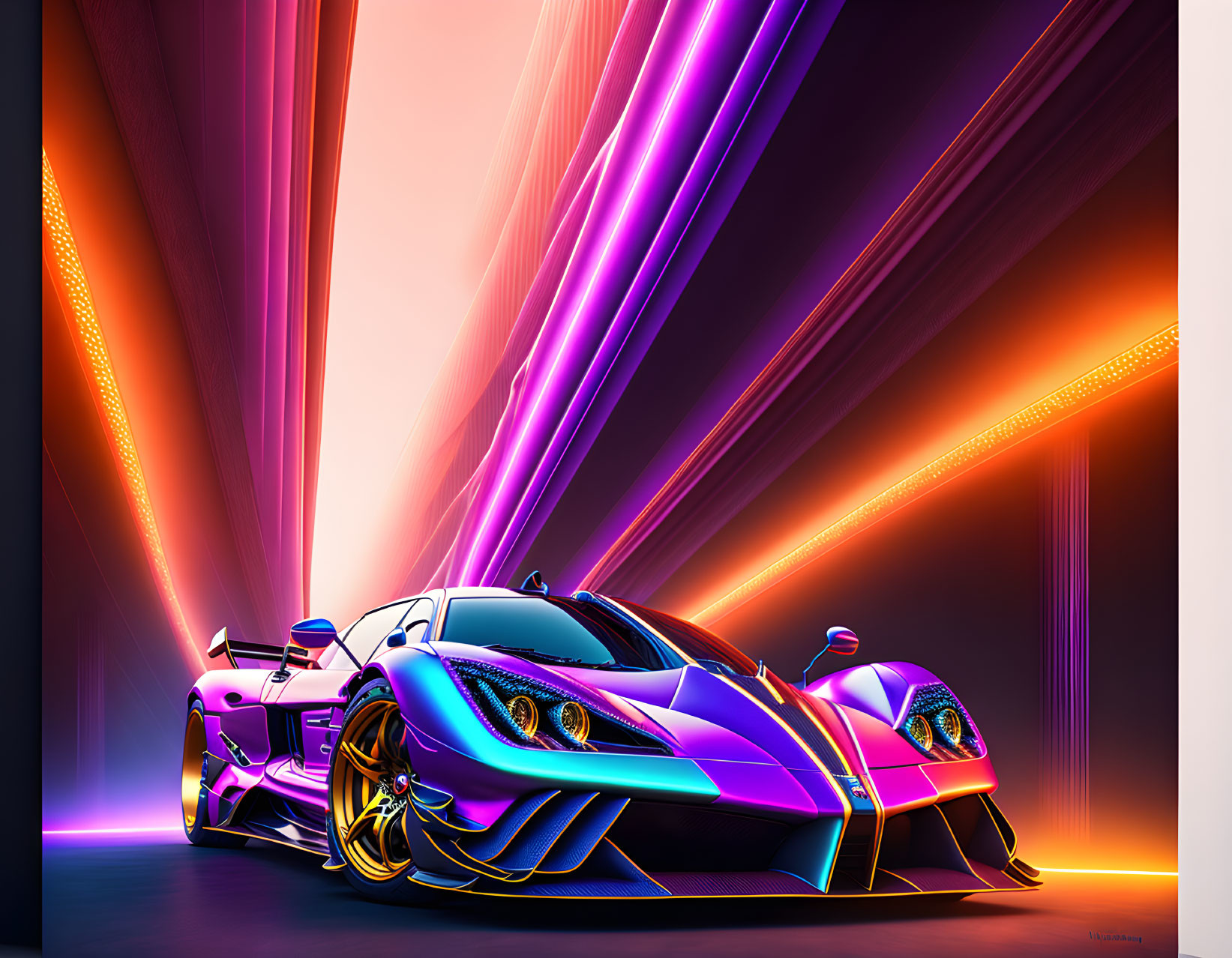 Neon-lit purple and blue sports car on dynamic backdrop