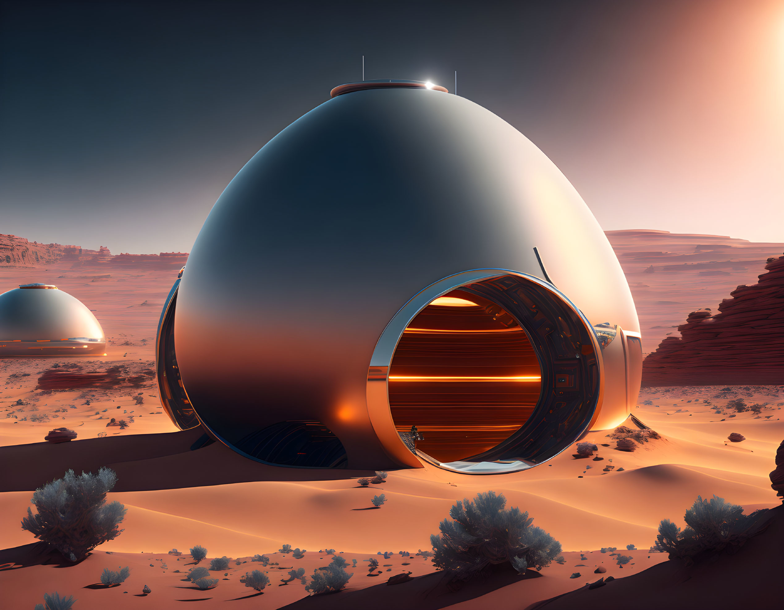 Alien landscape with futuristic domed structures in a desert setting