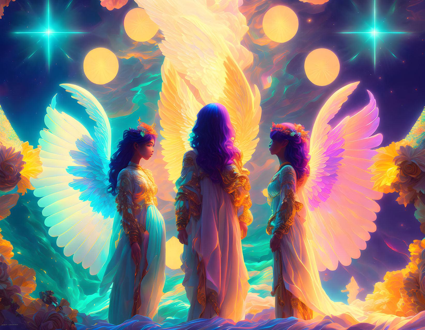 Three ethereal beings with colorful wings in celestial clouds.