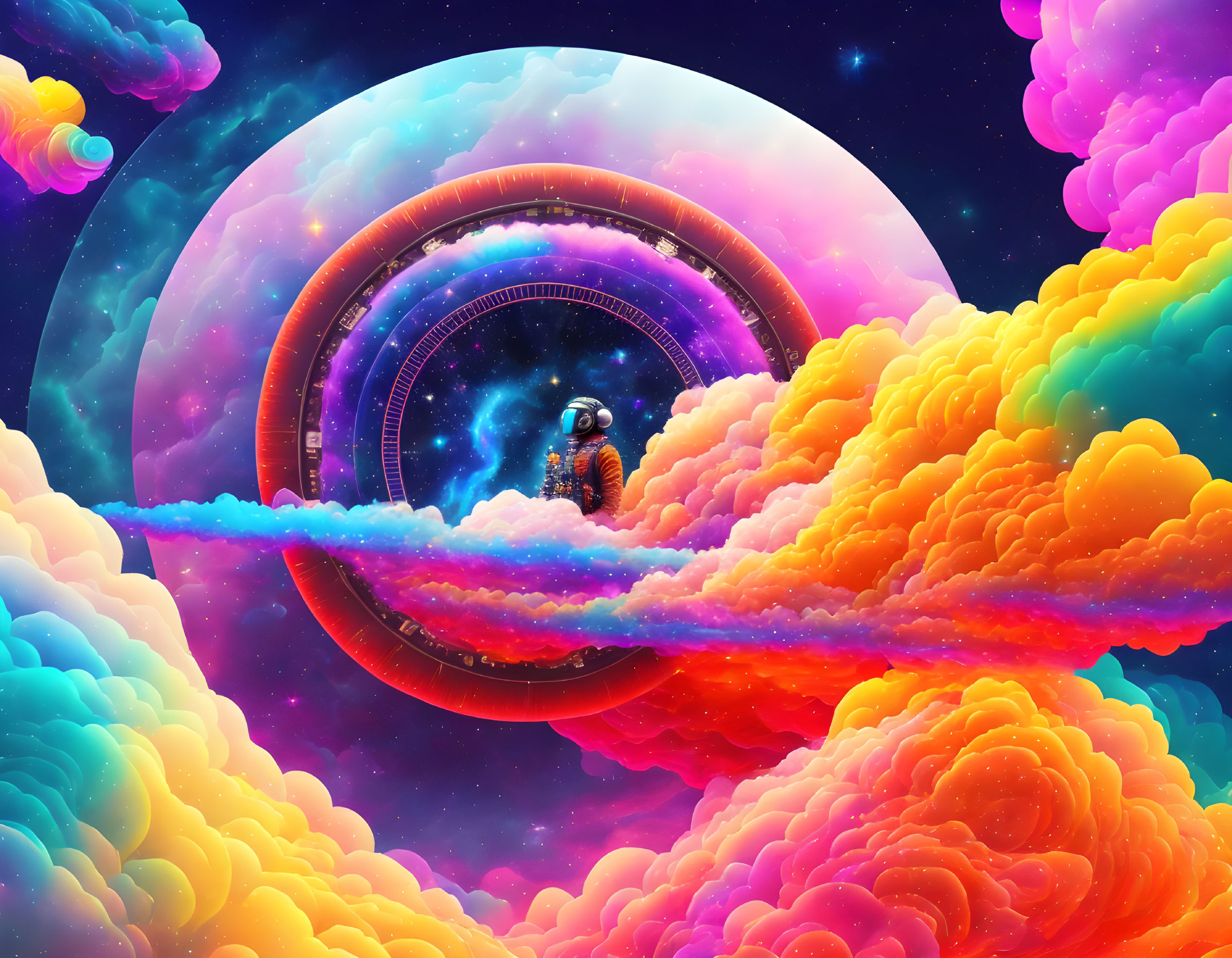 Person in Spacesuit Standing on Colorful Clouds in Front of Surreal Portal