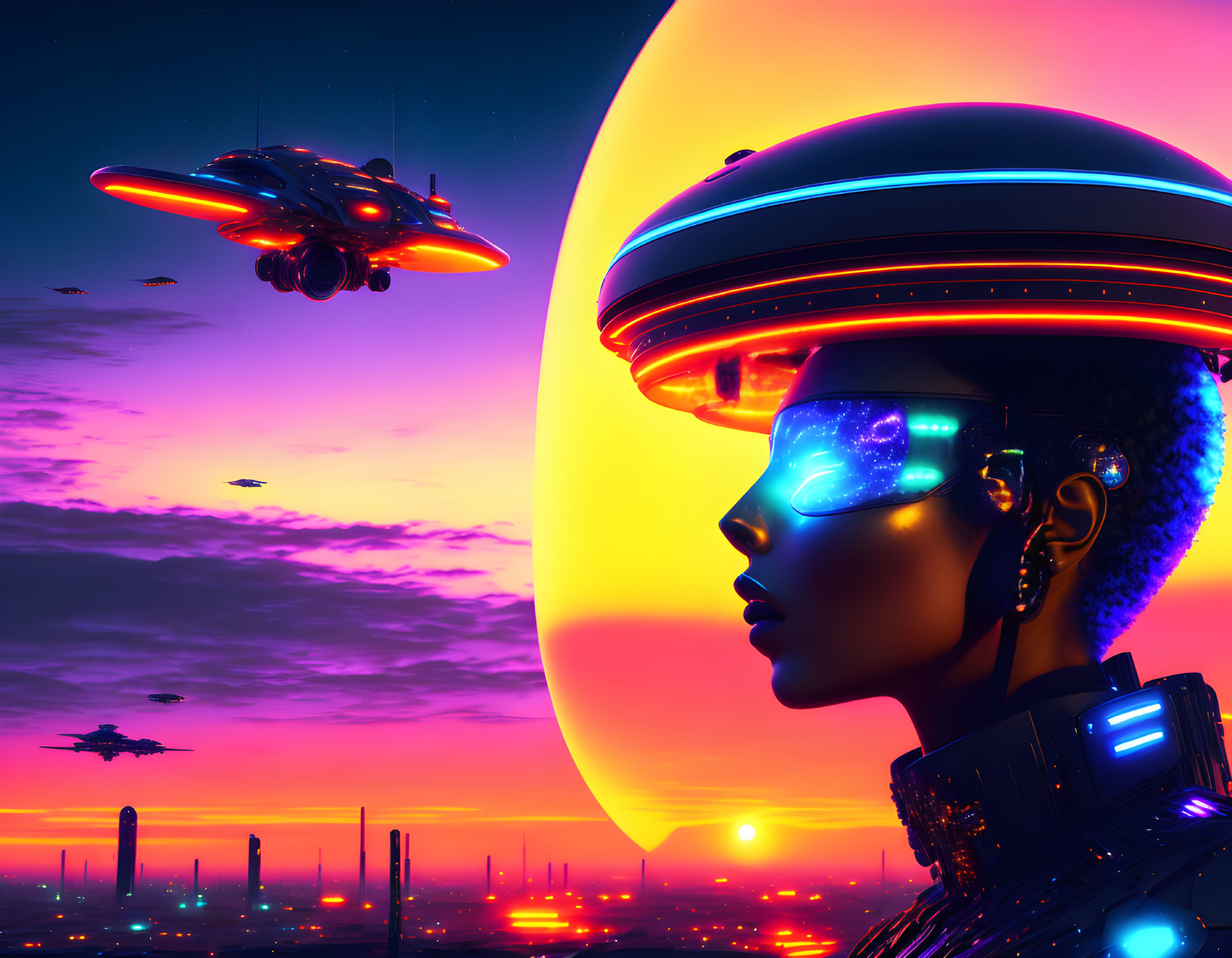 Futuristic cityscape at sunset with flying cars and cybernetic-enhanced woman