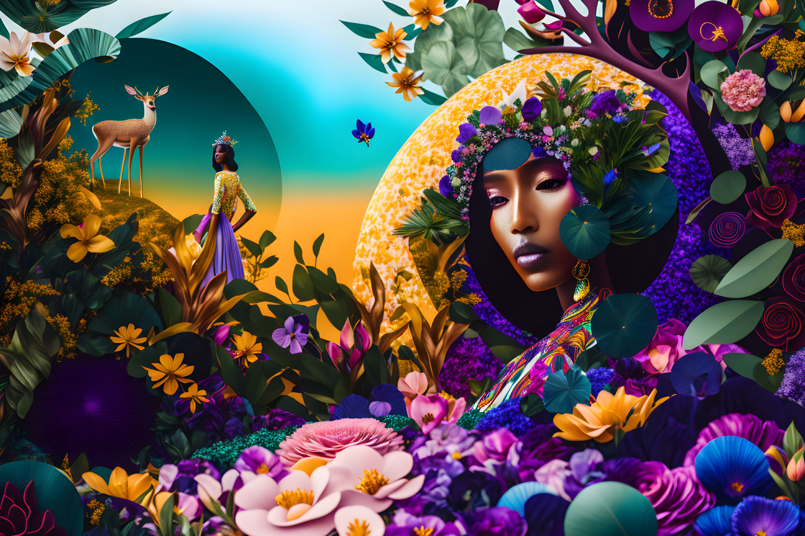 Colorful digital artwork featuring woman's face, floral moon, traditional attire figure, deer, and nature