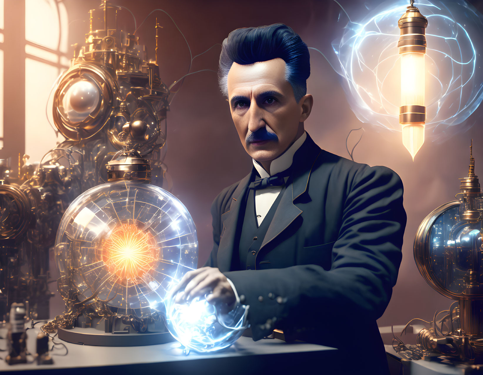 Vintage laboratory scene with Nikola Tesla and electrical devices