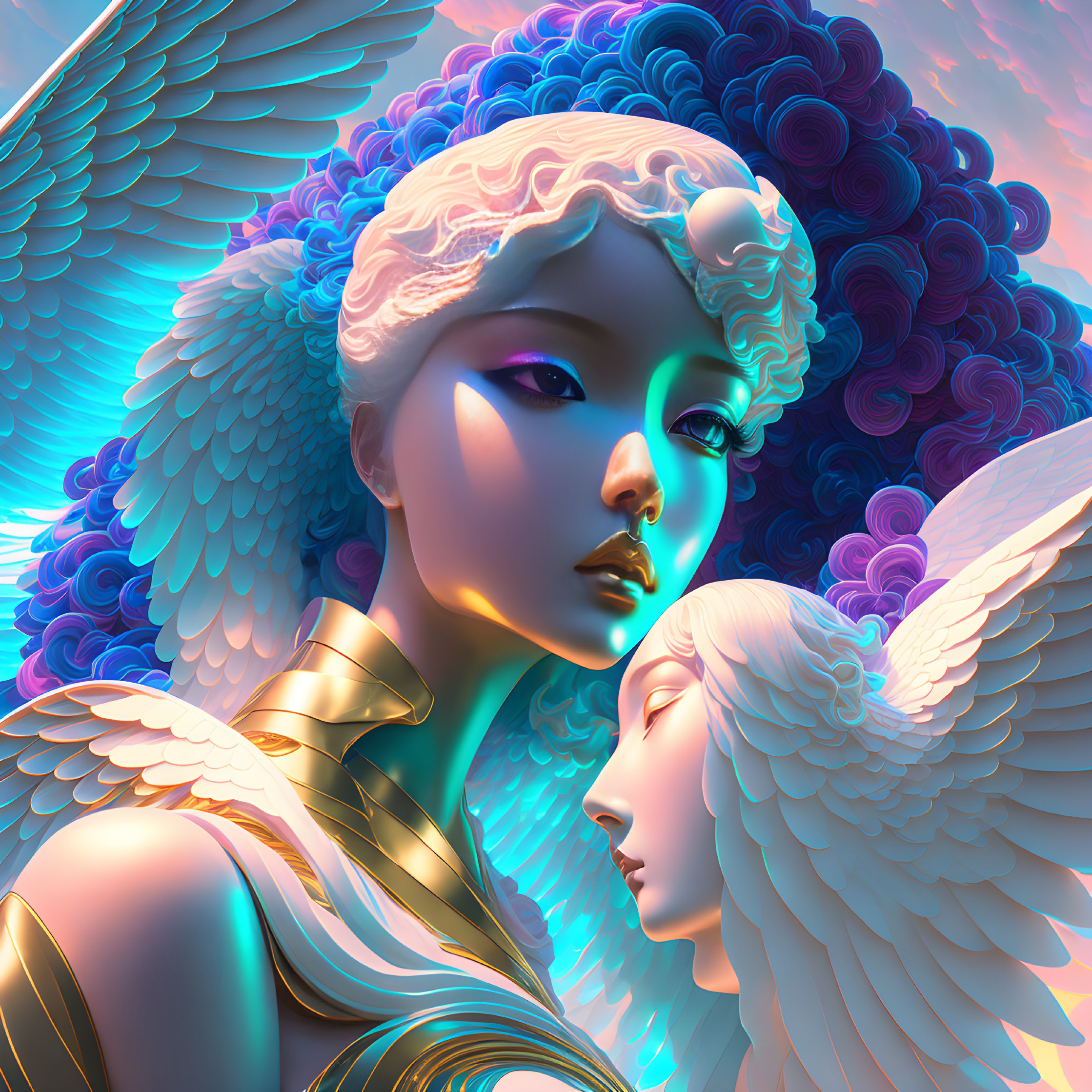 Iridescent angelic figures with vibrant hair on luminescent background