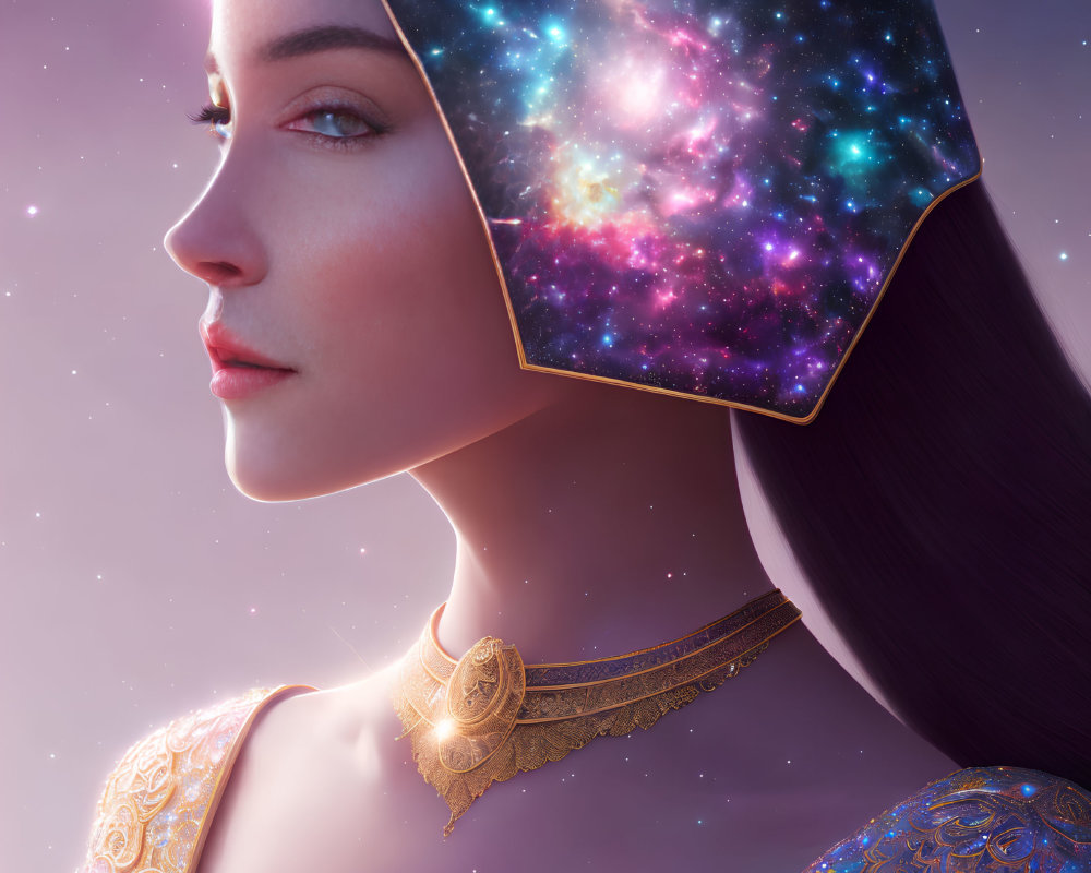 Digital Artwork: Woman with Cosmic Galaxy Silhouette and Gold & Blue Attire