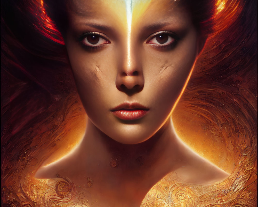 Digital portrait of a woman with split fiery orange and cool blue hues, adorned with golden patterns