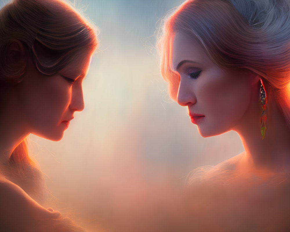 Two women in profile under soft, warm glow, one with intricate earring