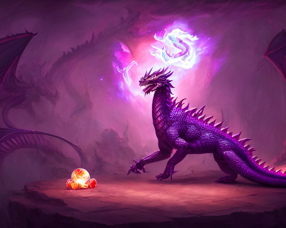 Purple dragon near glowing crystal with magical energy in mystical cavern