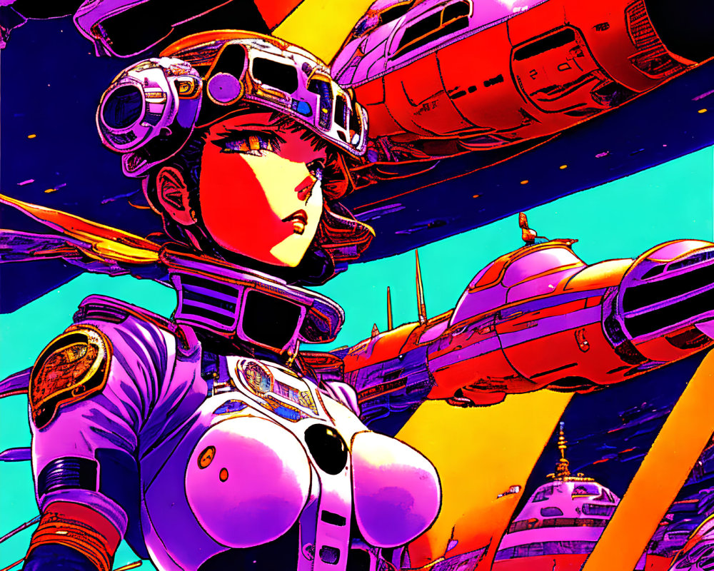 Futuristic female pilot with helmet in sci-fi setting