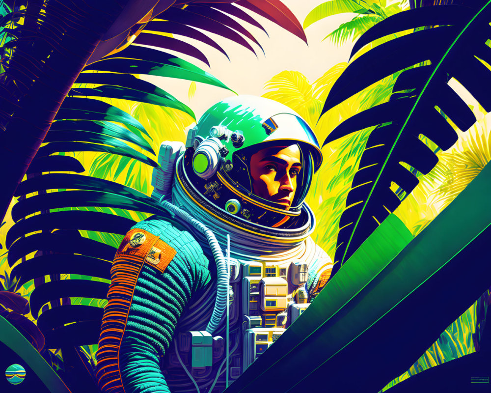 Detailed astronaut in lush green tropical setting with vibrant colors