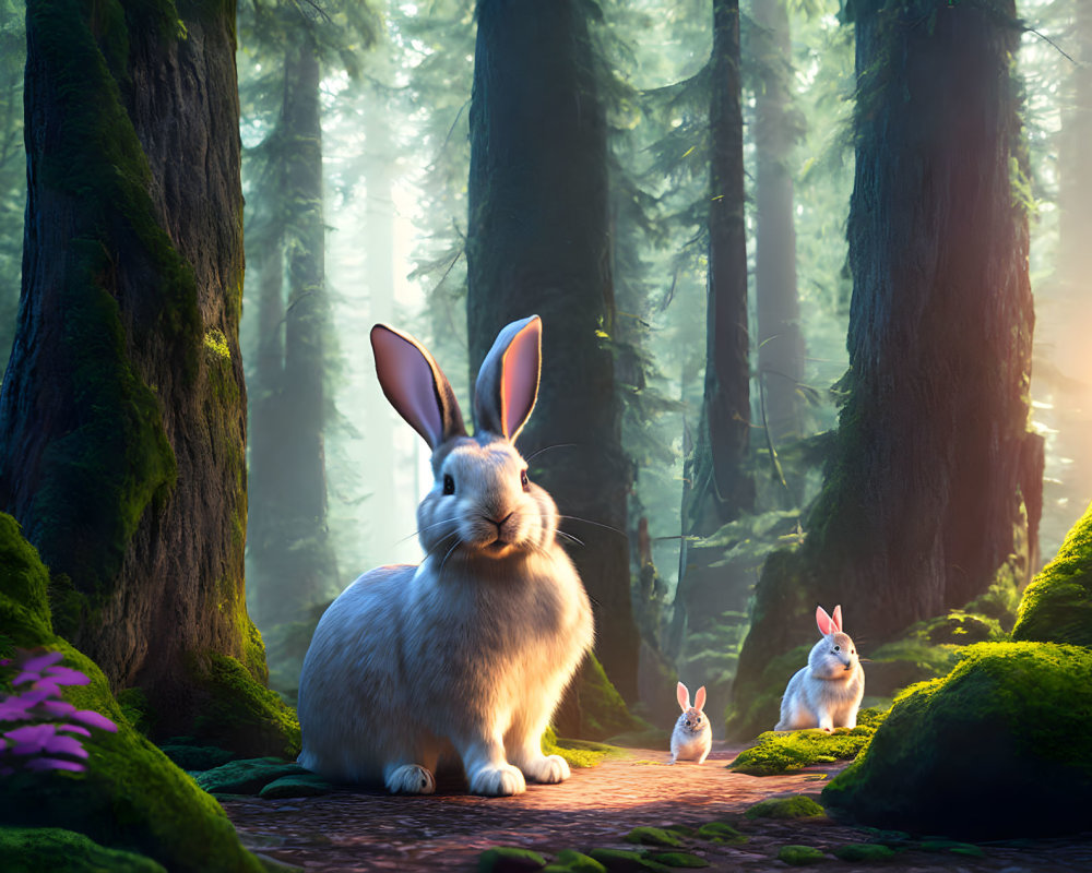 Animated rabbits in magical forest with sunbeams