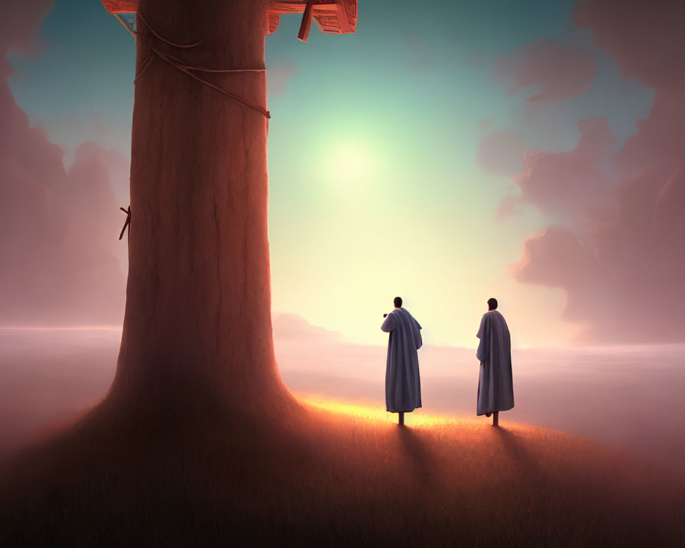 Two People in Robes on Platforms by Giant Tree and Cloud Sea at Dusk