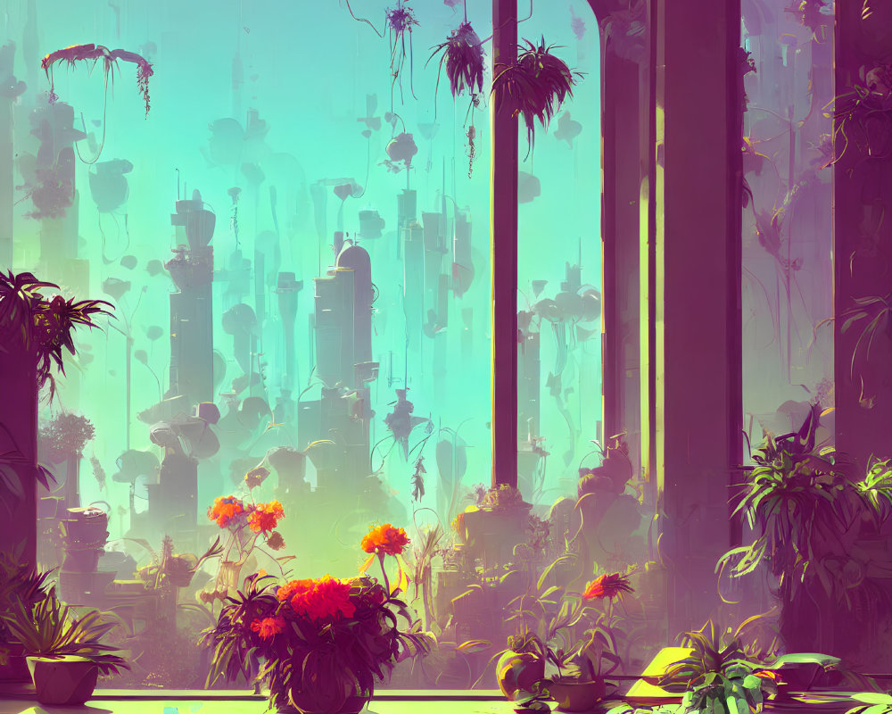 Futuristic cityscape illustration with indoor plants and purple teal glow