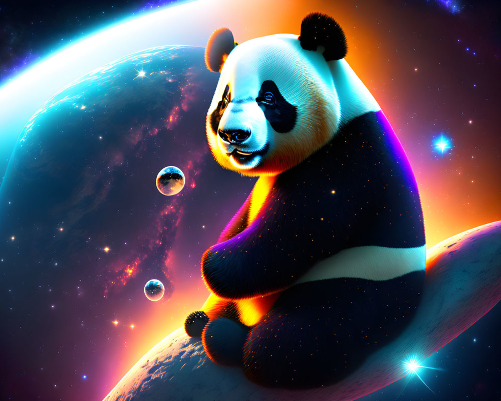 Giant panda in space with Earth and cosmic elements