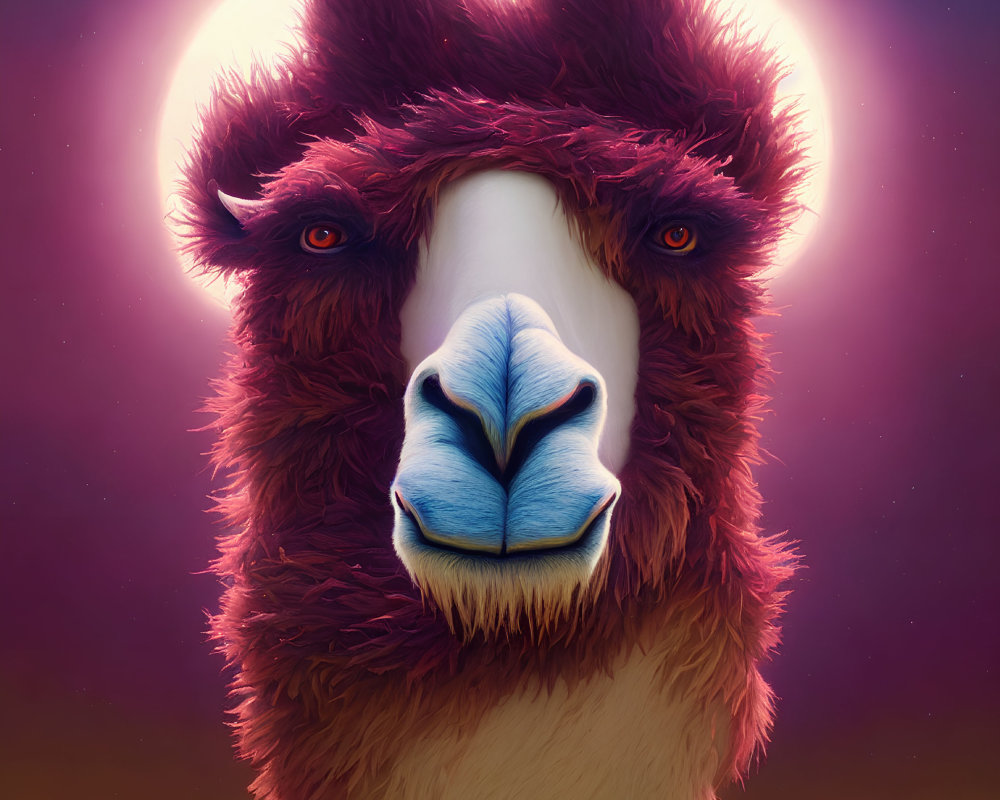 Vivid magenta llama portrait on purple background